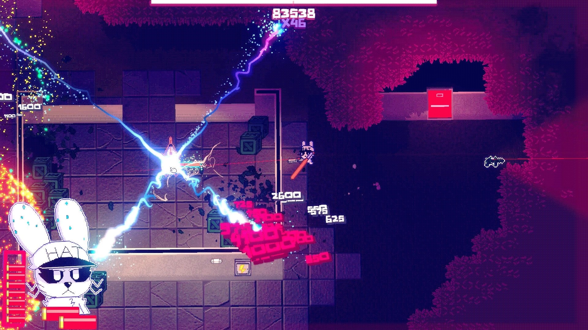 JENNY: Bunny-hatted hero fires lightning at enemies, damage numbers pop in neon office corridors UI.