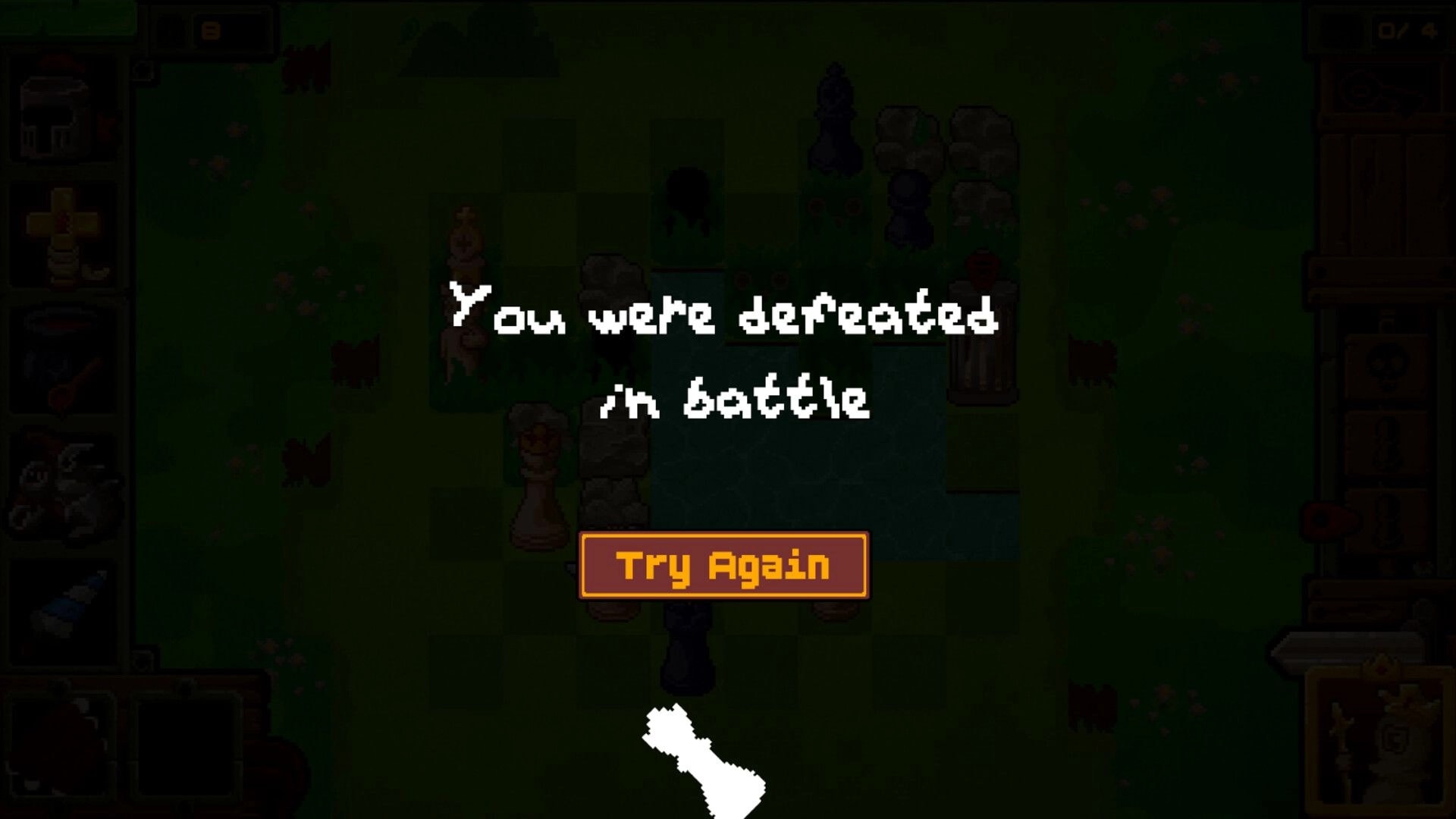 Just Chessing Around: Defeat screen with Try Again button over grassy board with pieces and rocks.