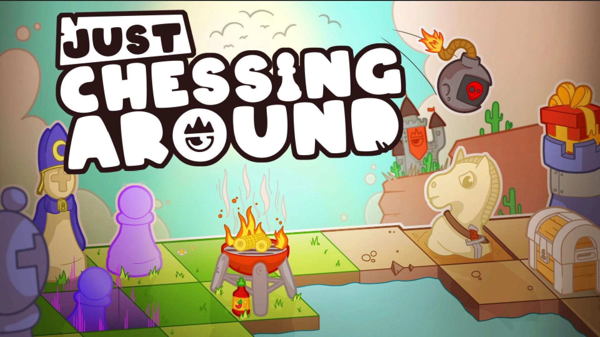 Just Chessing Around: Title screen with cartoon chess pieces, bomb, campfire grill, and castle backdrop.