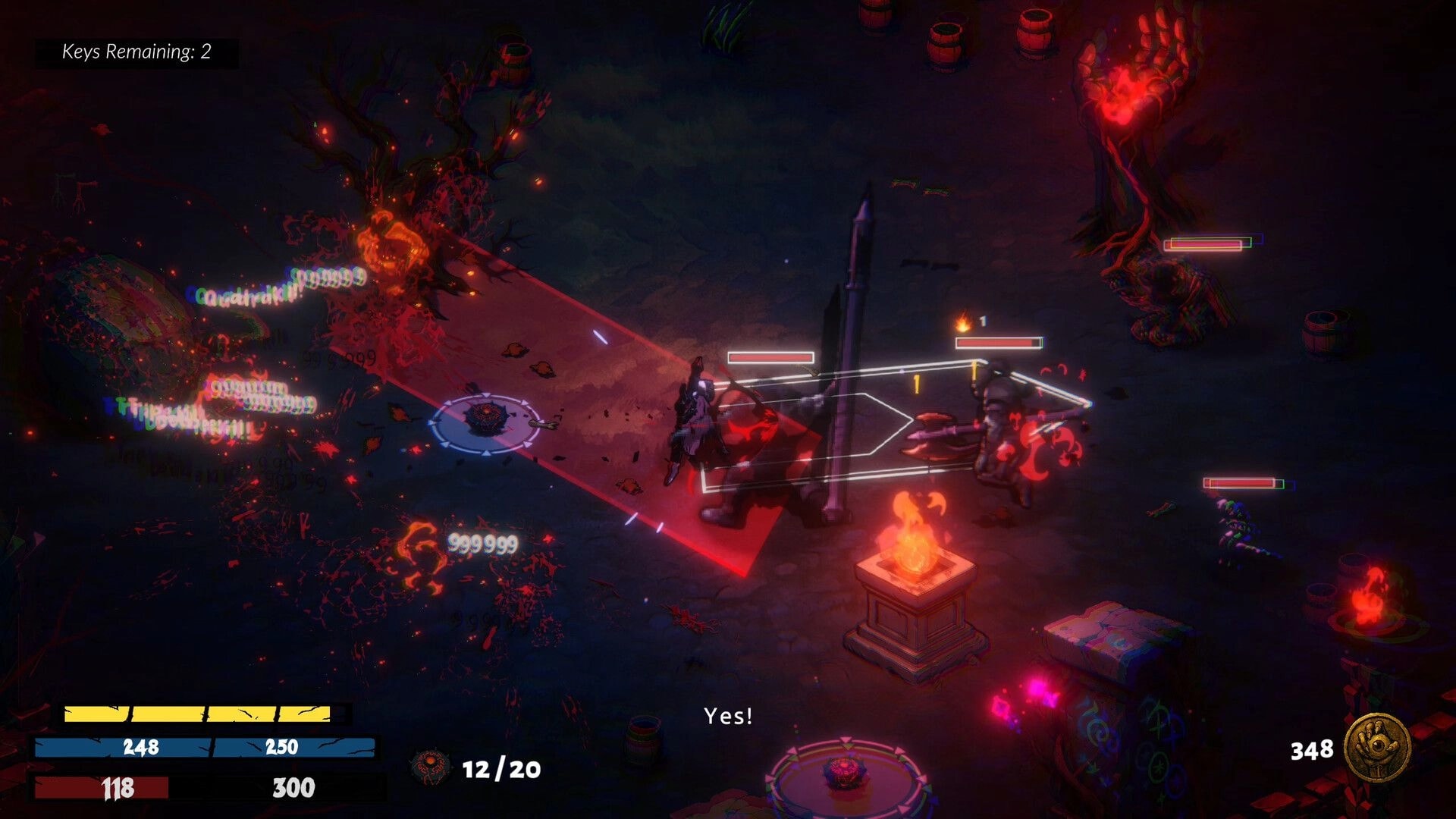 KACAU: Player fights enemies with fiery skills in a dark arena, health bars and stats displayed.