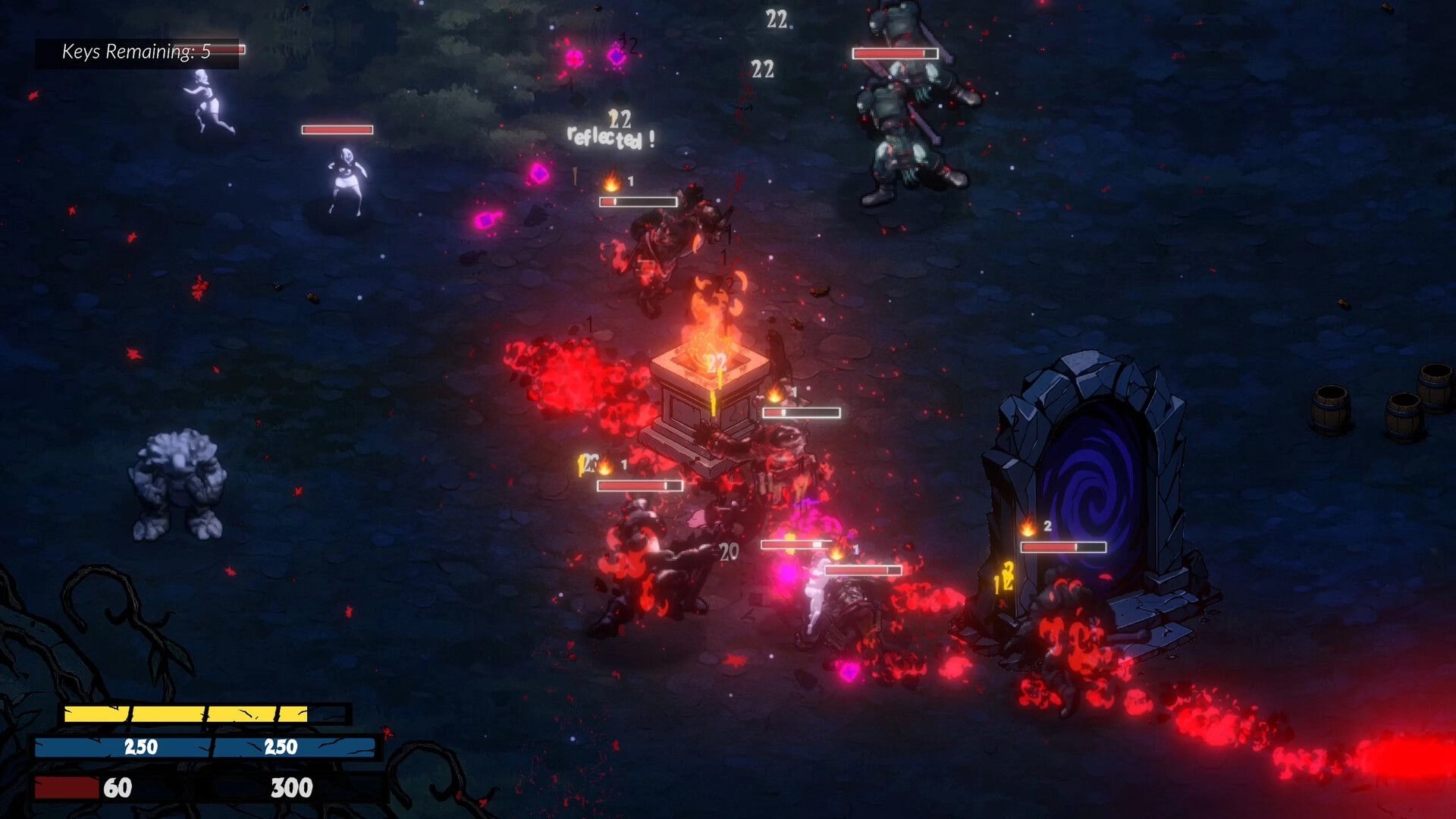 KACAU: Intense battle with enemies near a portal, fiery altar, and player stats at screen's bottom-left.