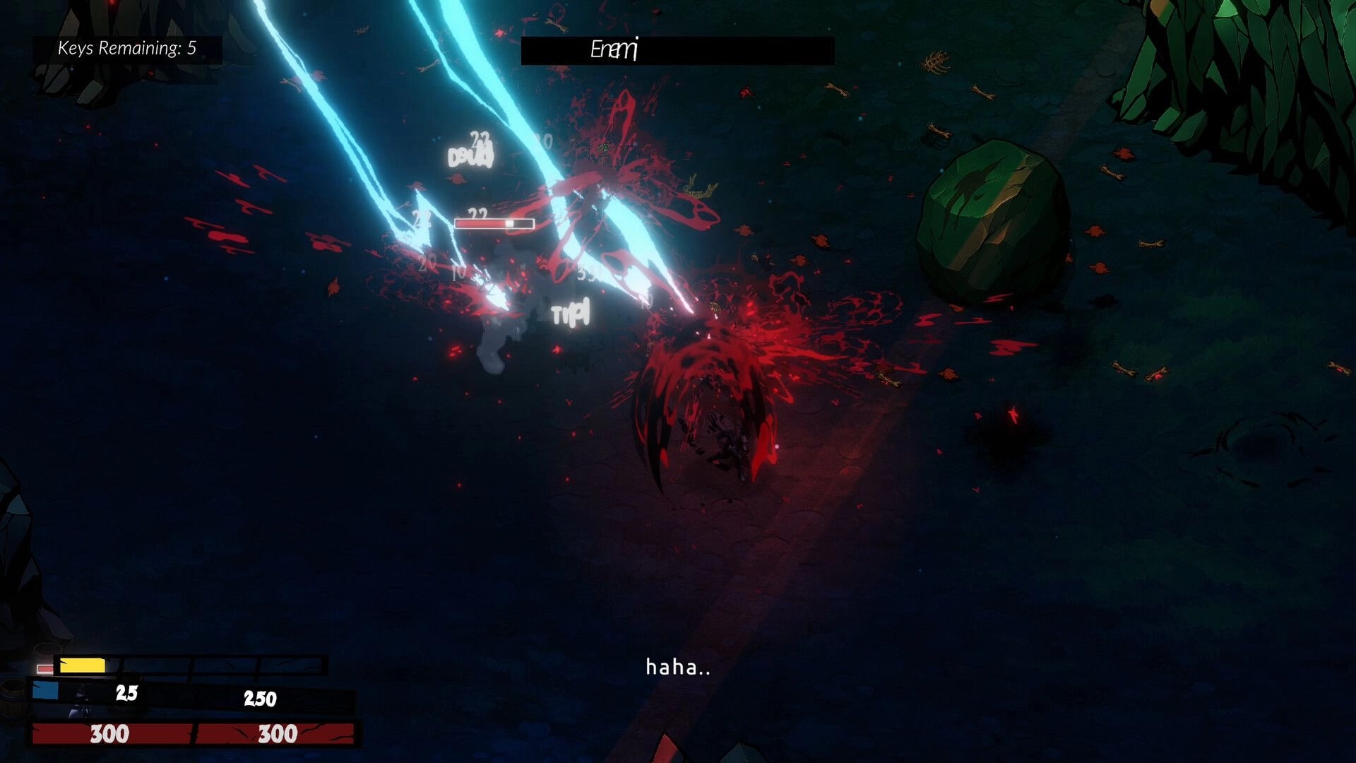 KACAU: Player unleashes elemental attack on enemy, causing blood explosion in dark forest clearing.