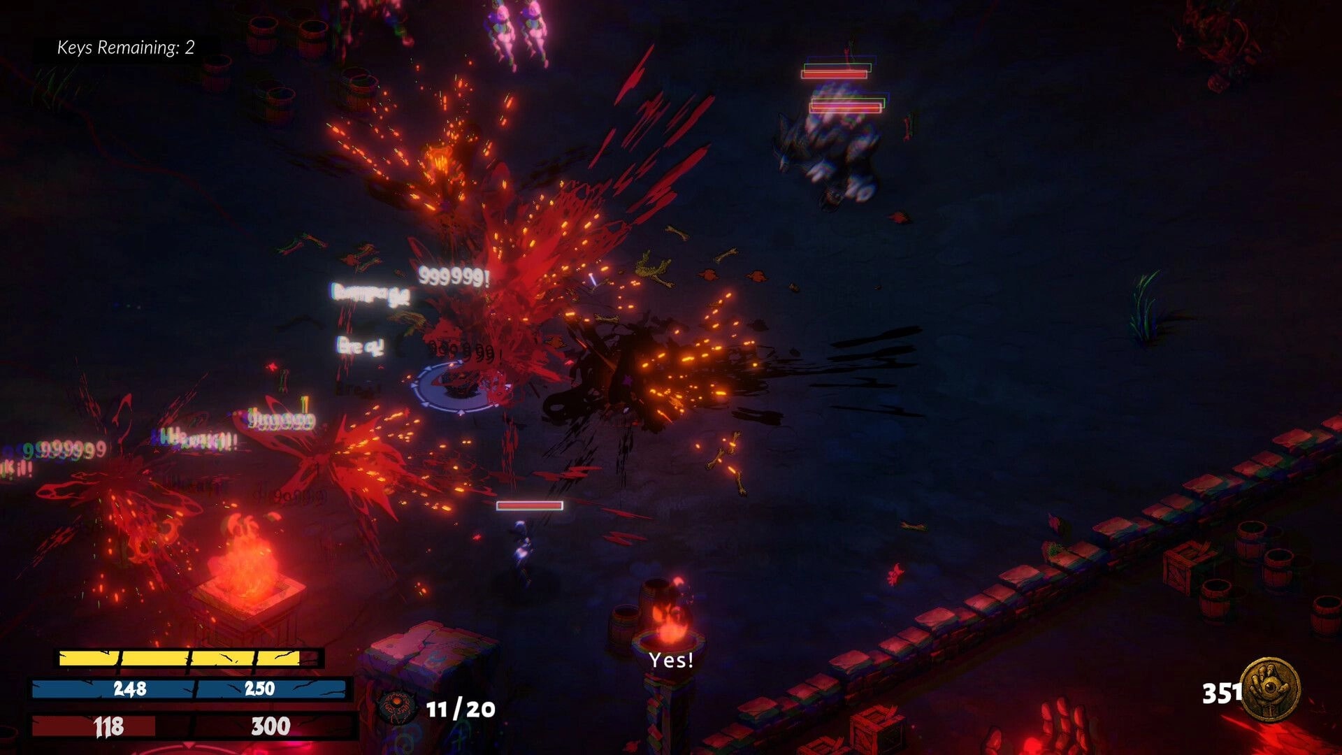 KACAU: Intense combat with explosive gore effects and HUD elements in a dark, dungeon-like arena.