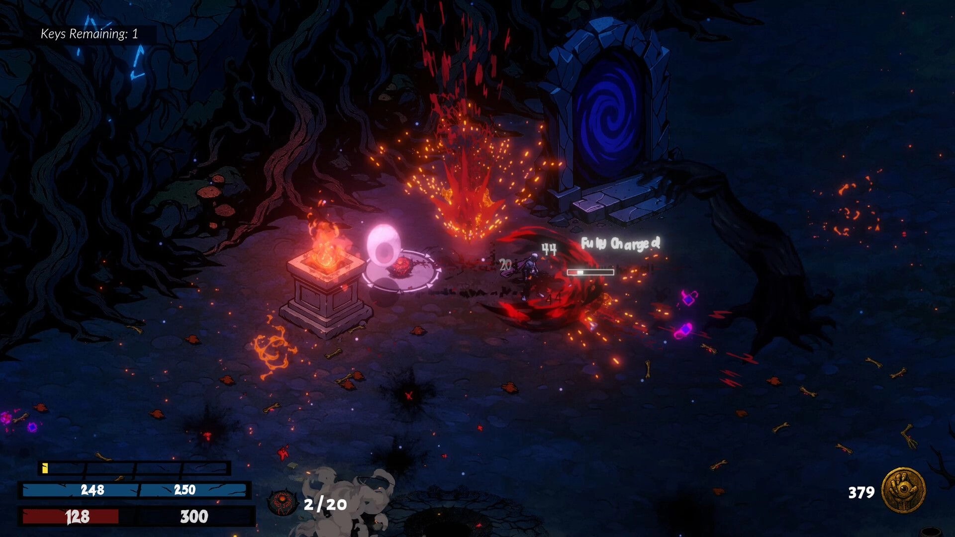 KACAU: Player battles enemies with elemental skills near a portal in a dark, twisted forest setting.