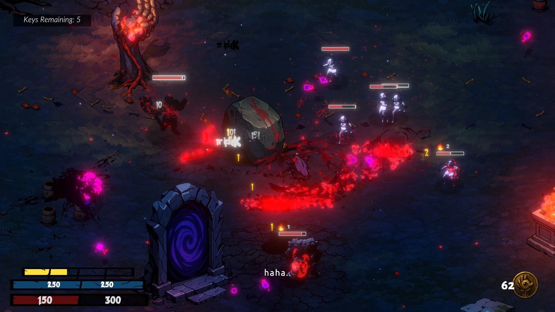 KACAU: Combat scene with enemies and blood effects near a glowing portal in a dark, eerie environment.
