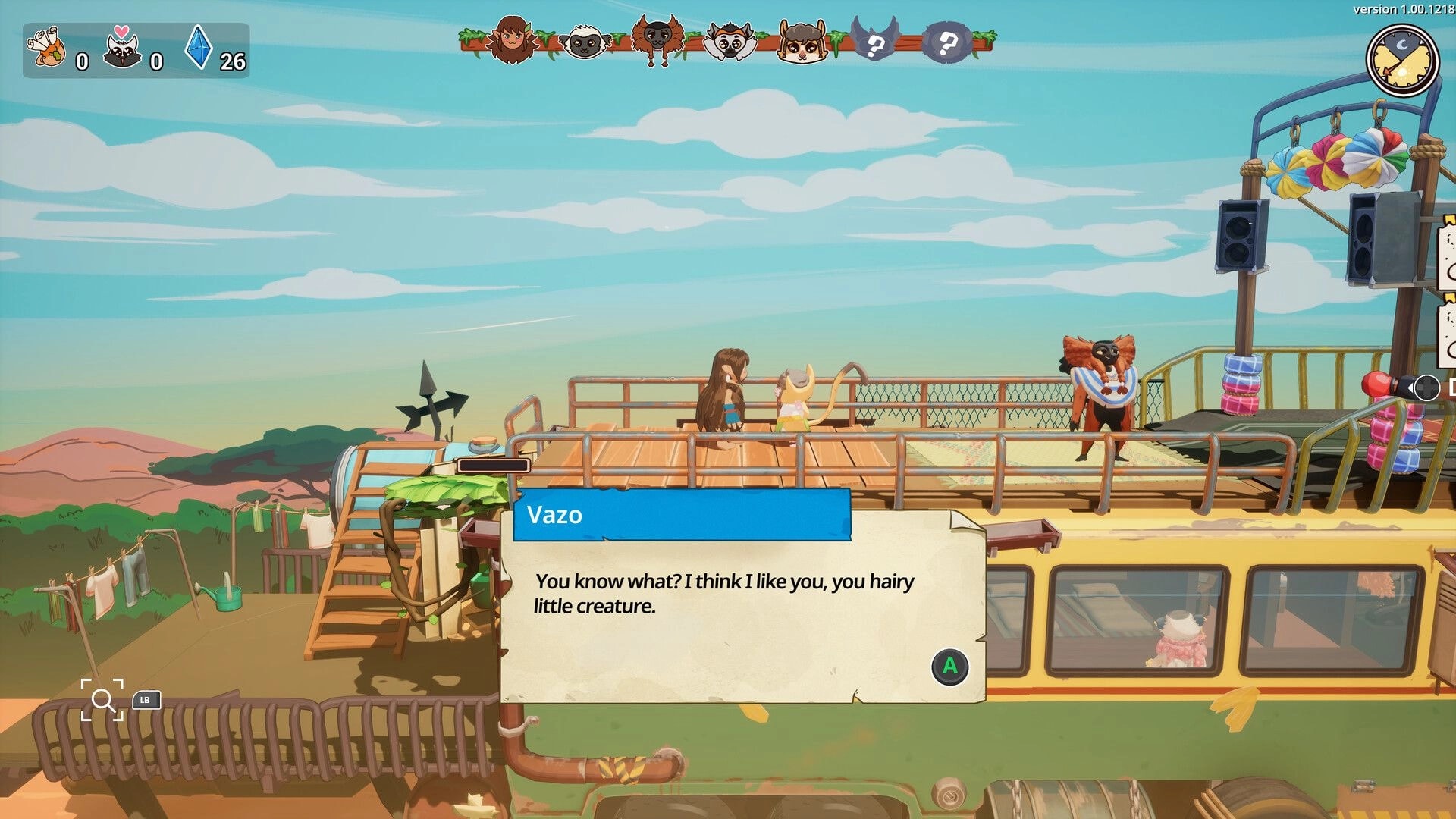 Kalanoro: Dialogue with Vazo on a bus rooftop stage, lemur band icons and minimap UI visible.