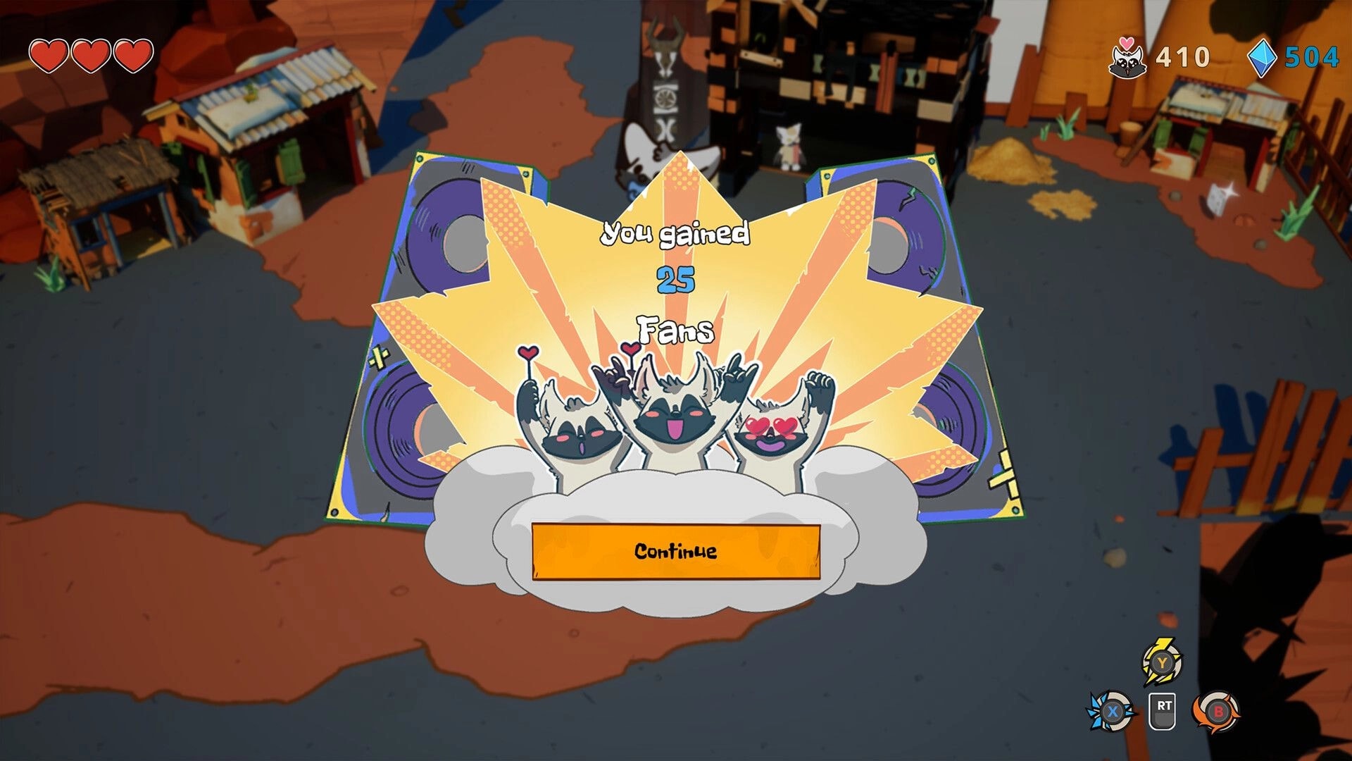 Kalanoro: Reward popup "You gained 25 Fans" with cheering lemurs in a dusty village street.