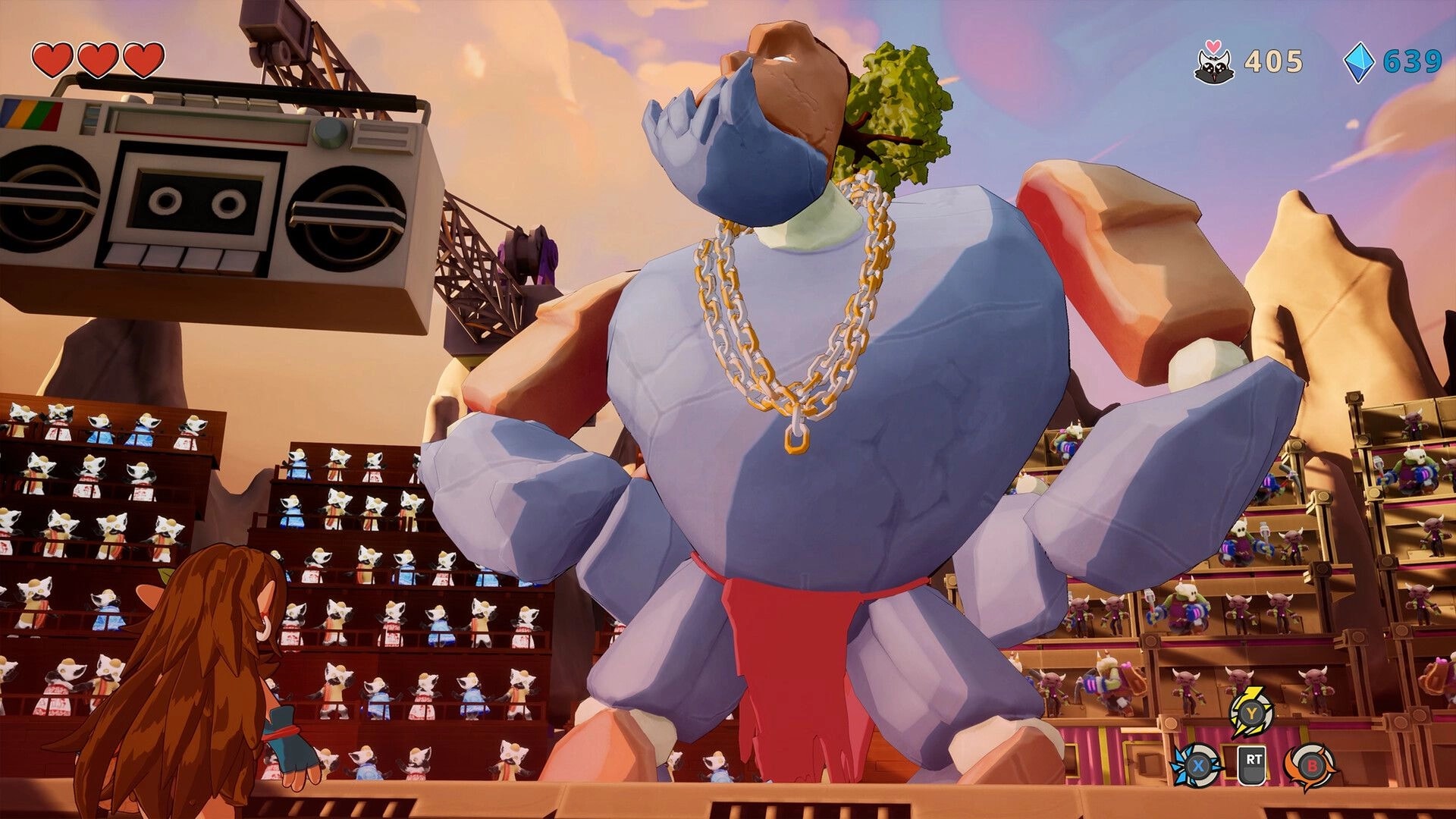 Kalanoro: Boss fight with giant crab in arena stands, hearts and currency UI visible overhead.