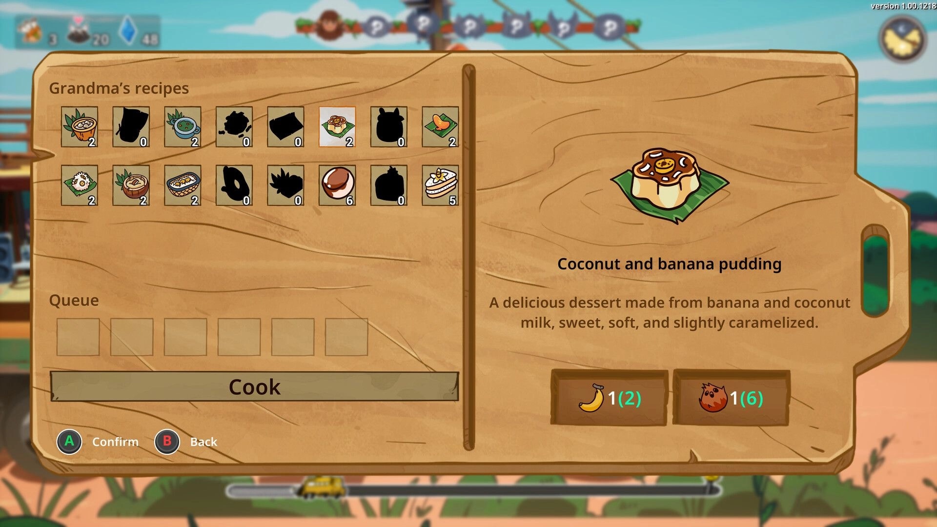 Kalanoro: Grandma's recipes cooking menu for coconut and banana pudding on a wooden board UI.