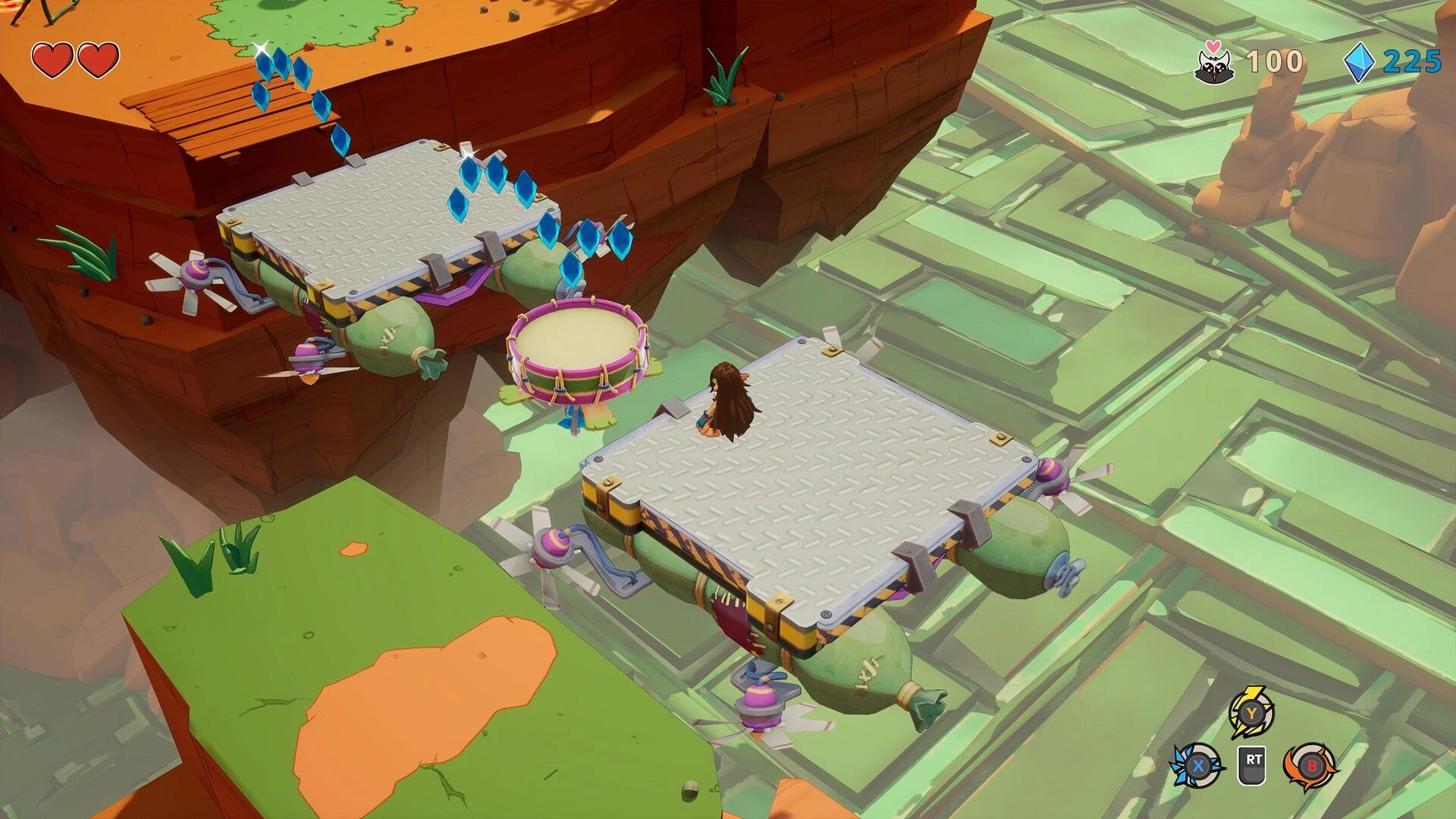 Kalanoro: Hero jumps between floating metal platforms, collecting blue gems above canyon cliffs UI visible.