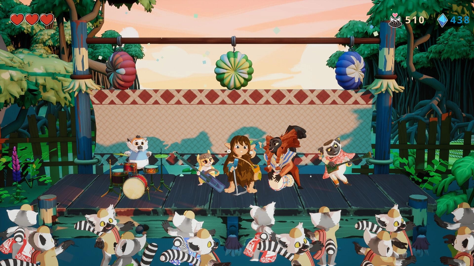 Kalanoro: Lemur band performs on a wooden stage, hearts and currency UI visible in jungle festival scene.