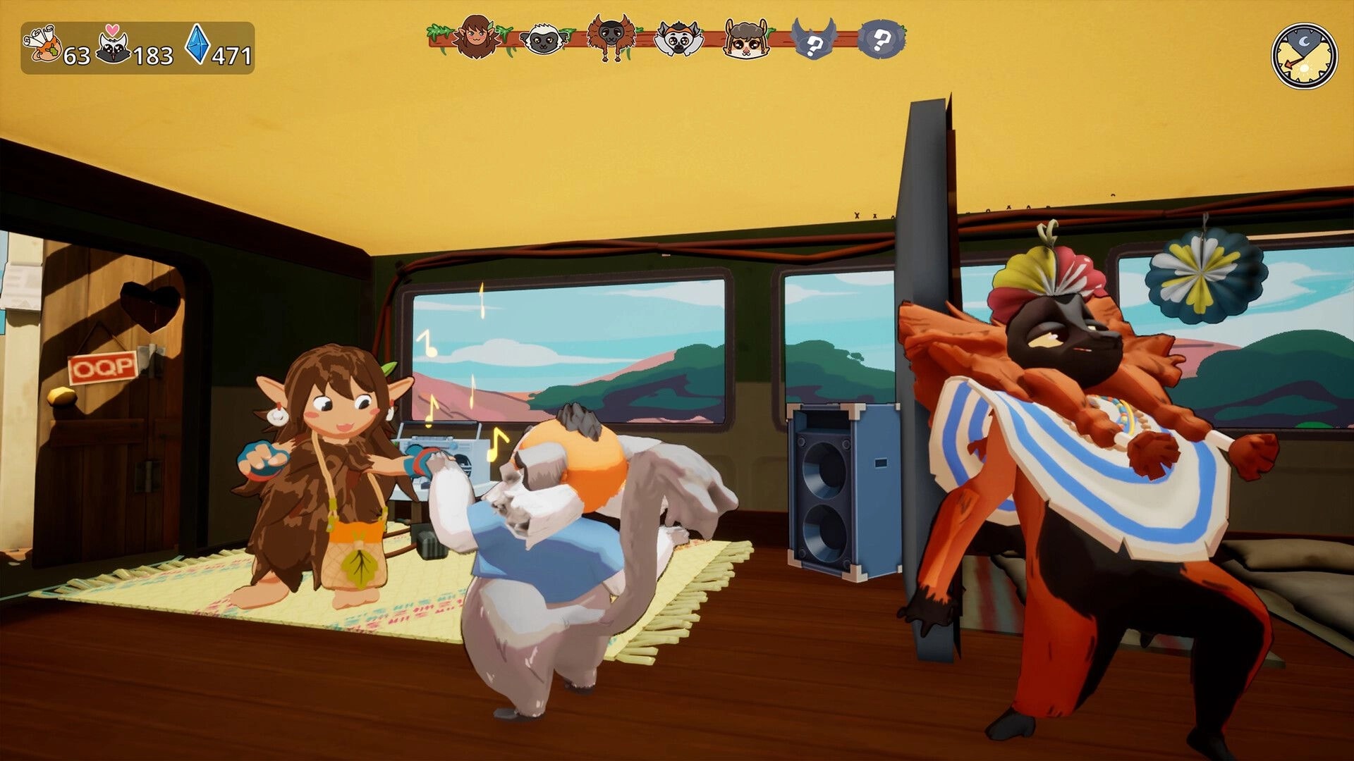 Kalanoro: Lemur bandmates dance to music in a van interior with speakers, rugs, and UI icons.