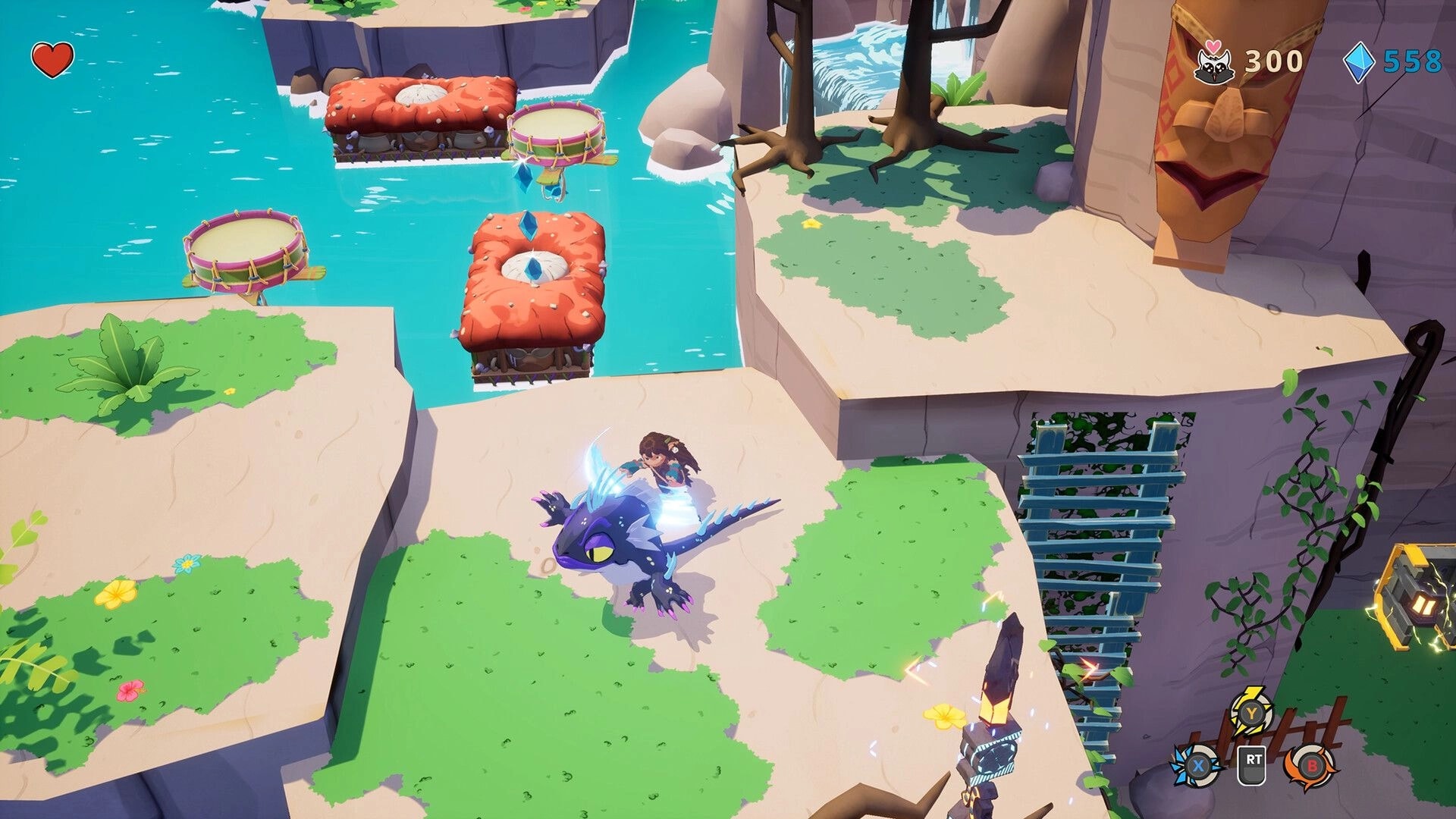 Kalanoro: Hero rides a blue lizard mount on cliffside platforms above turquoise water with HUD counters.