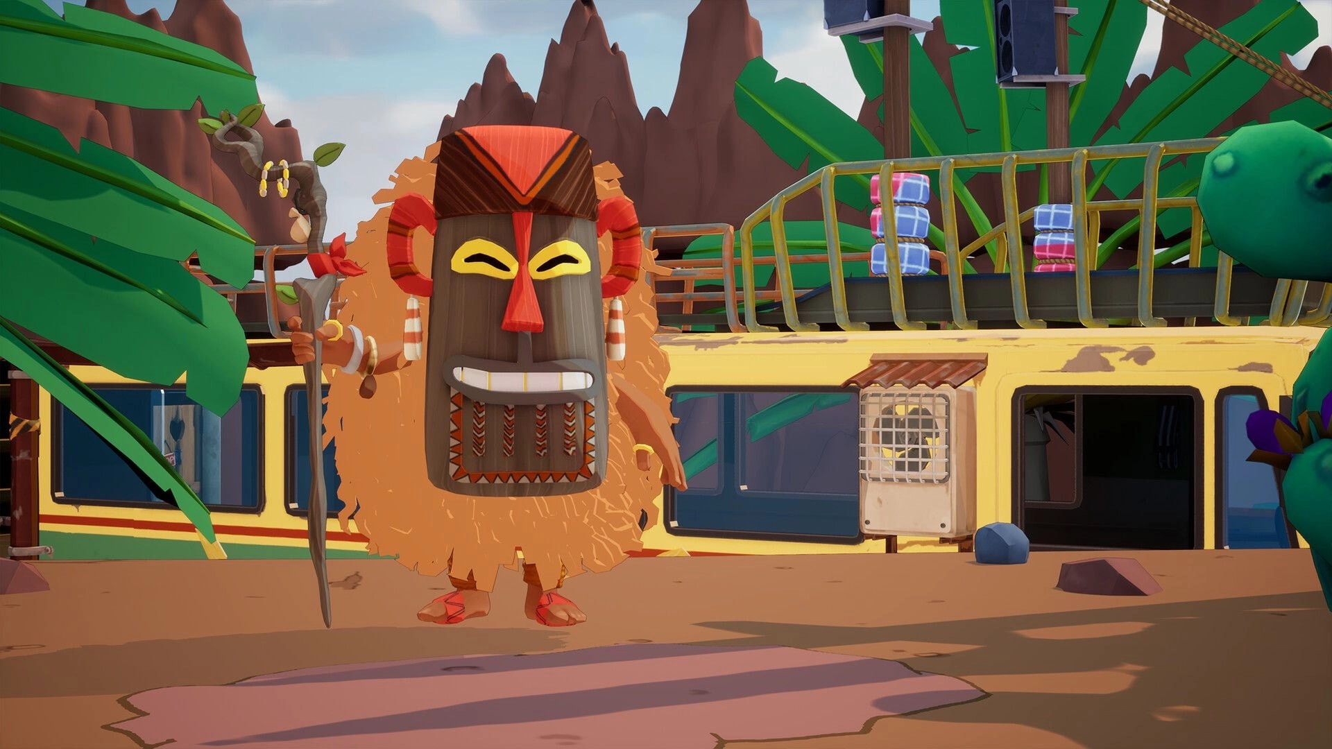 Kalanoro: Masked shaman NPC holding a staff beside a yellow bus with luggage on roof in jungle camp.