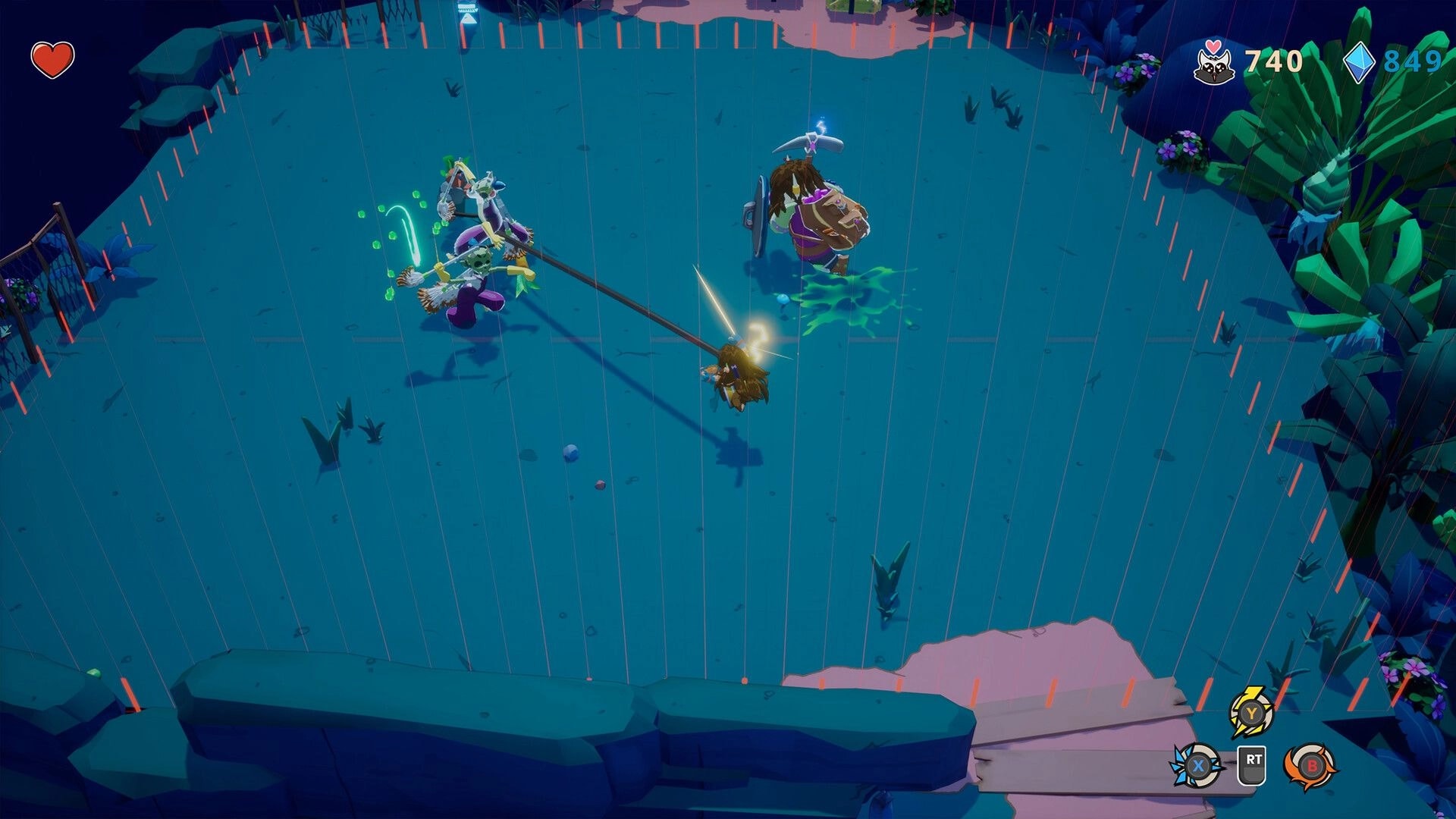 Kalanoro: Player battles two masked enemies in rainy arena, heart and currency counters on HUD.