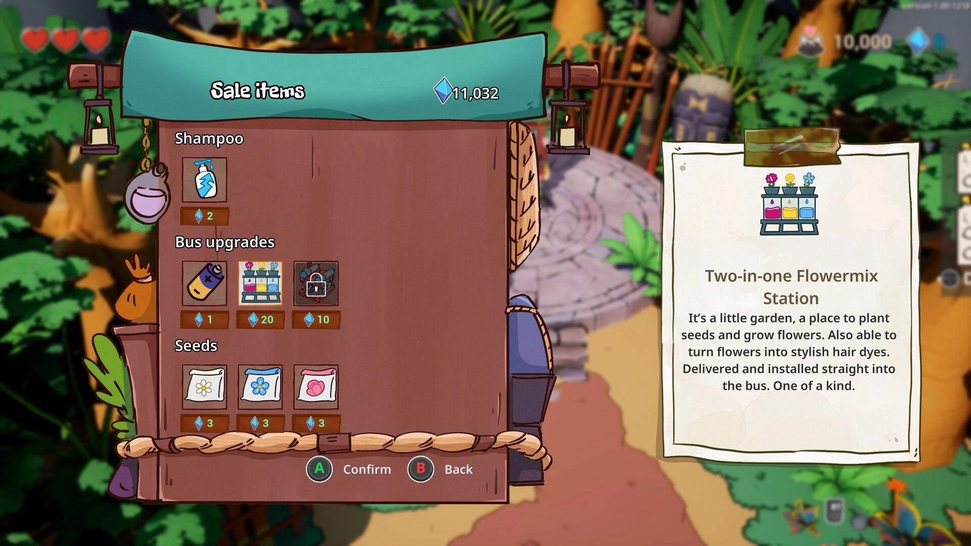 Kalanoro: Shop sale items menu with bus upgrades and seeds, overlaid on a jungle path scene.