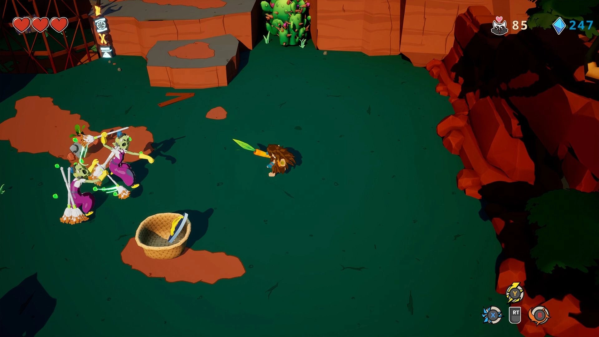 Kalanoro: Hero faces three spear-wielding foes in a canyon clearing with hearts and currency HUD.