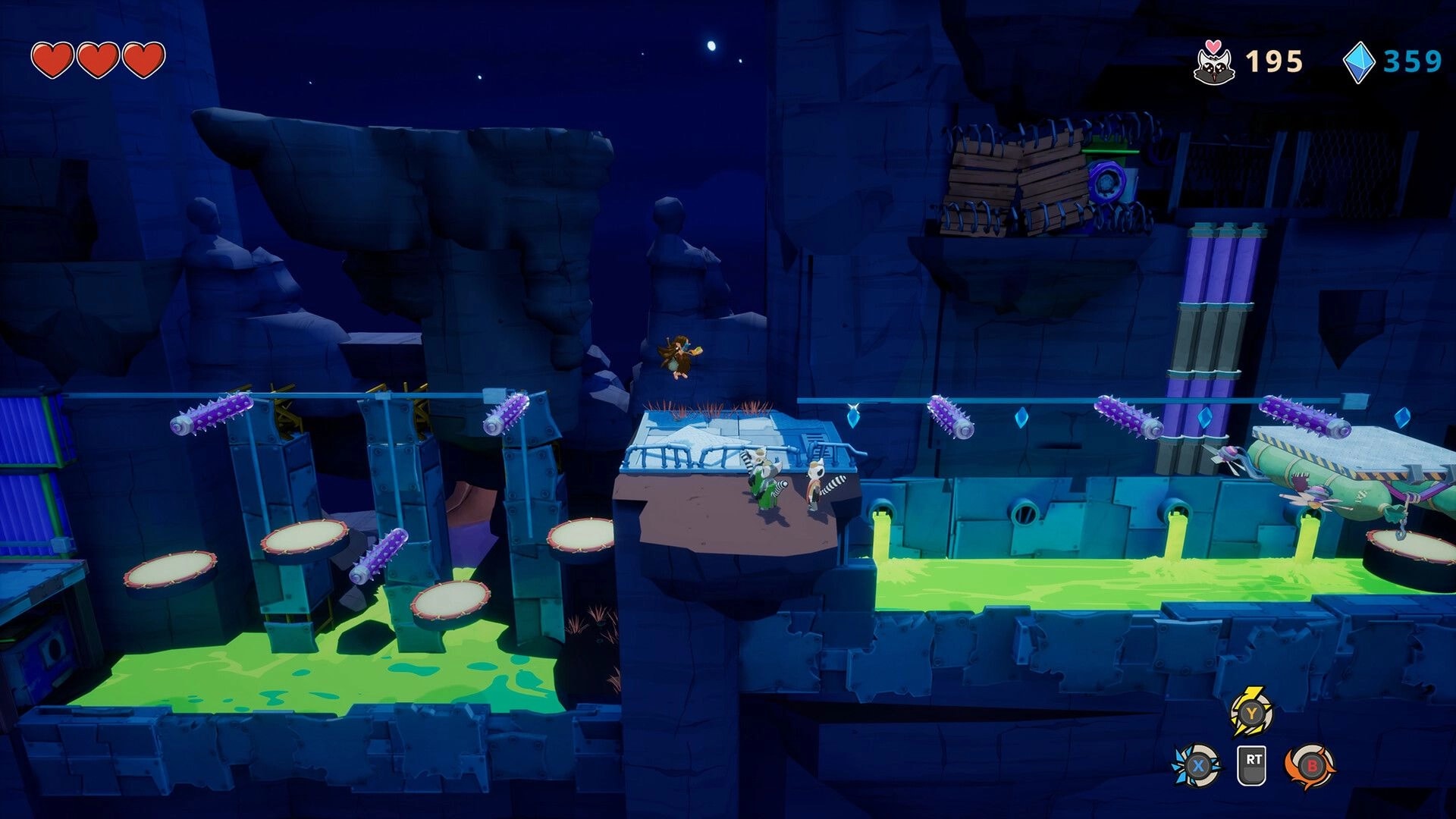 Kalanoro: Lemur heroes leap across drum platforms over toxic slime in a rocky cavern with hearts UI.