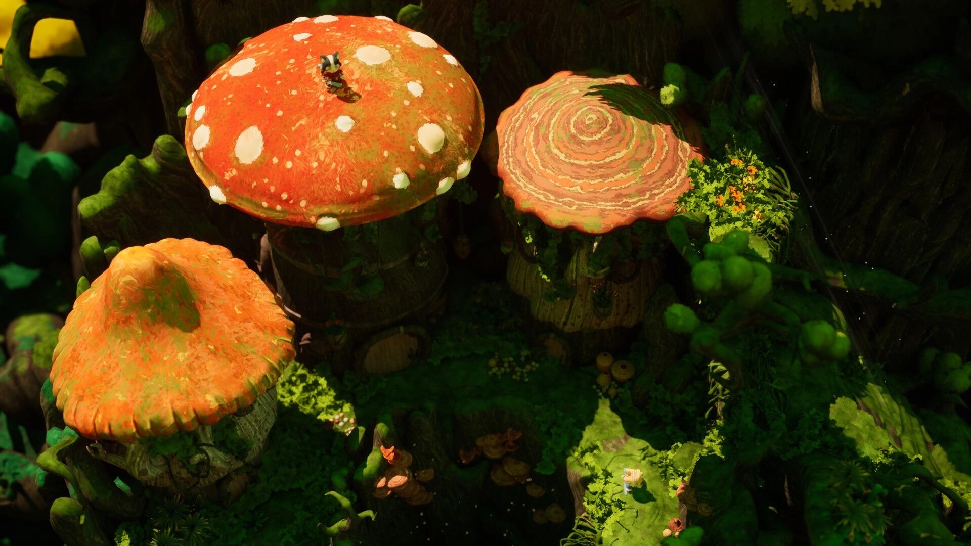Kali and Ko: Explorer stands atop a giant red mushroom platform in a lush forest canopy area.