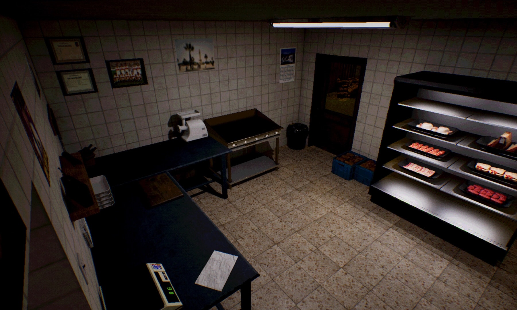 KASAP: Empty butcher prep room with meat display case, grinder, and back door under harsh lights.