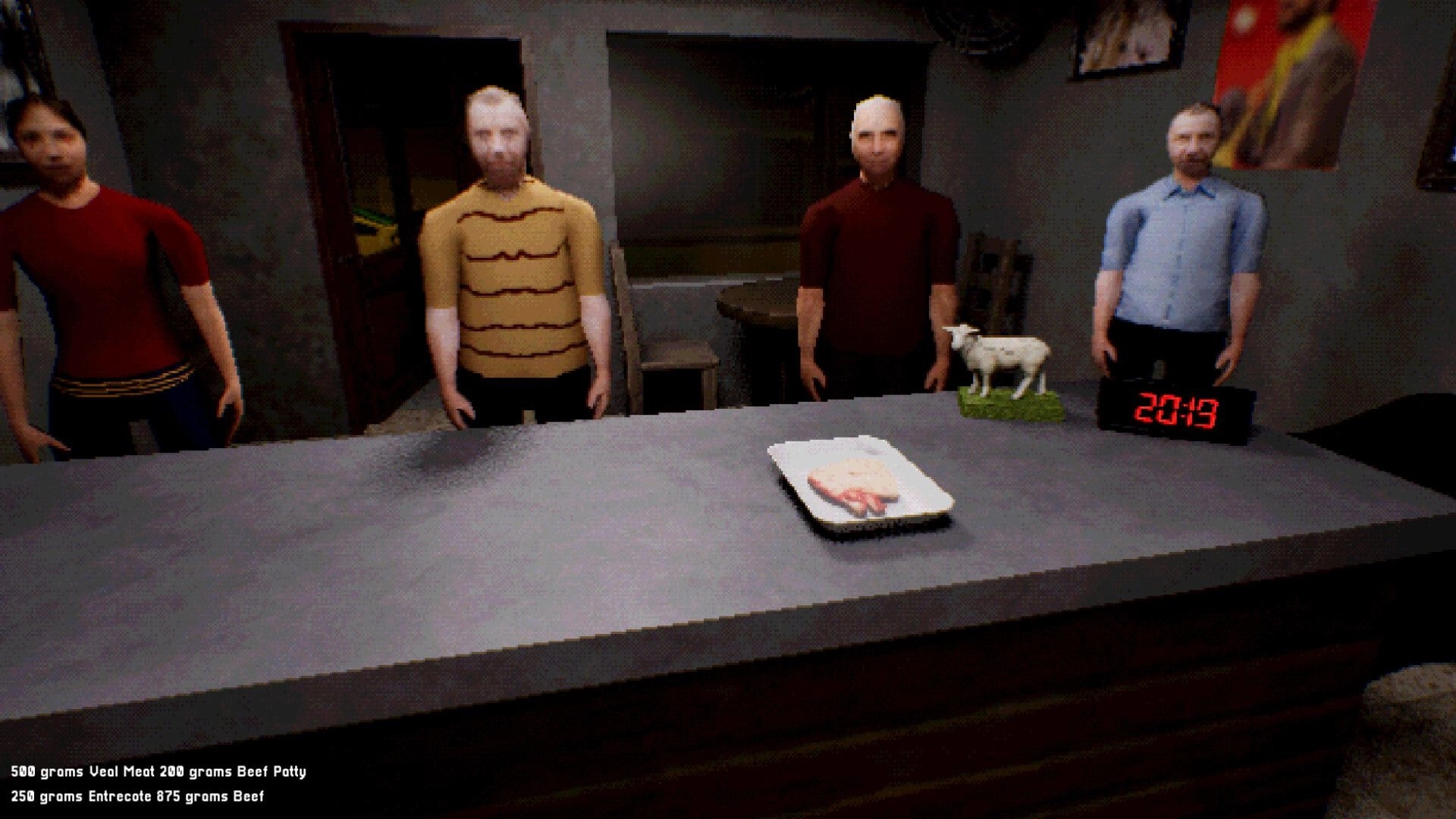 KASAP: Four customers wait at butcher counter with meat tray, clock 20:19, order text in shop.