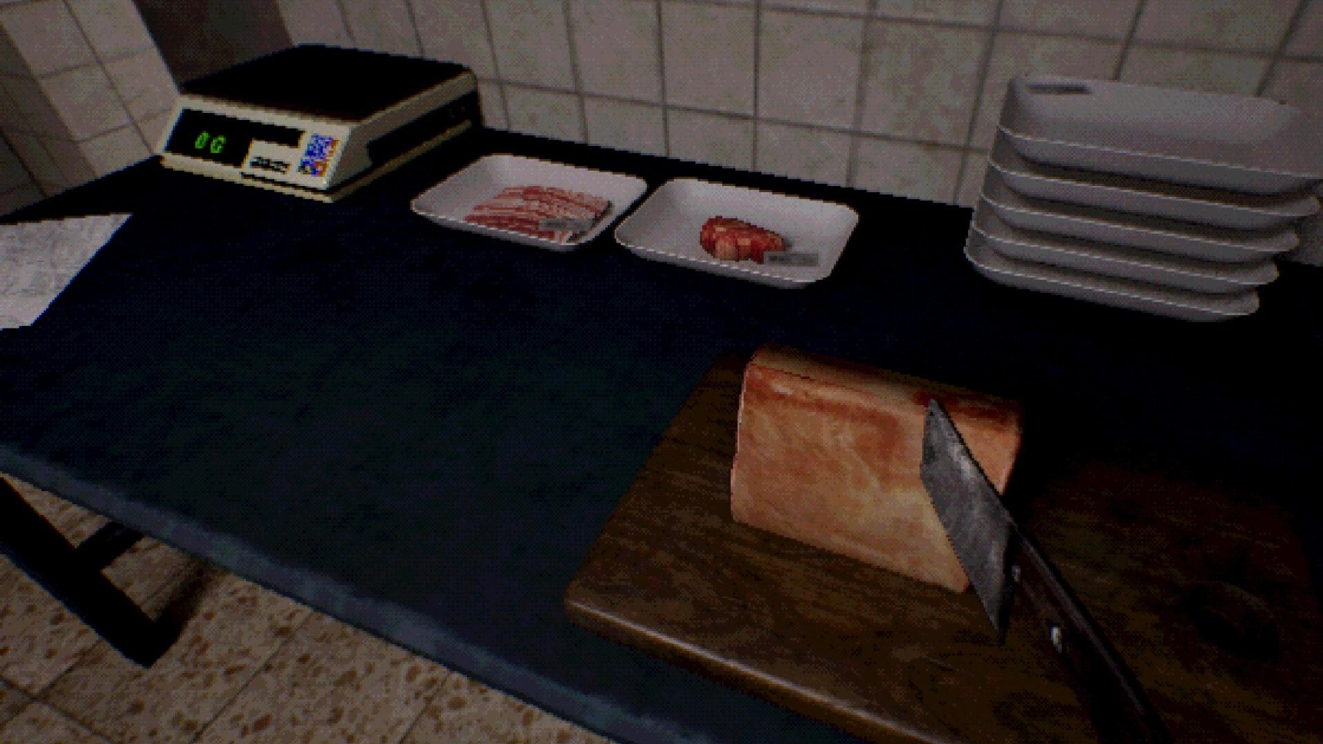 KASAP: First-person view of knife by meat on cutting board beside scale and trays in butcher shop.