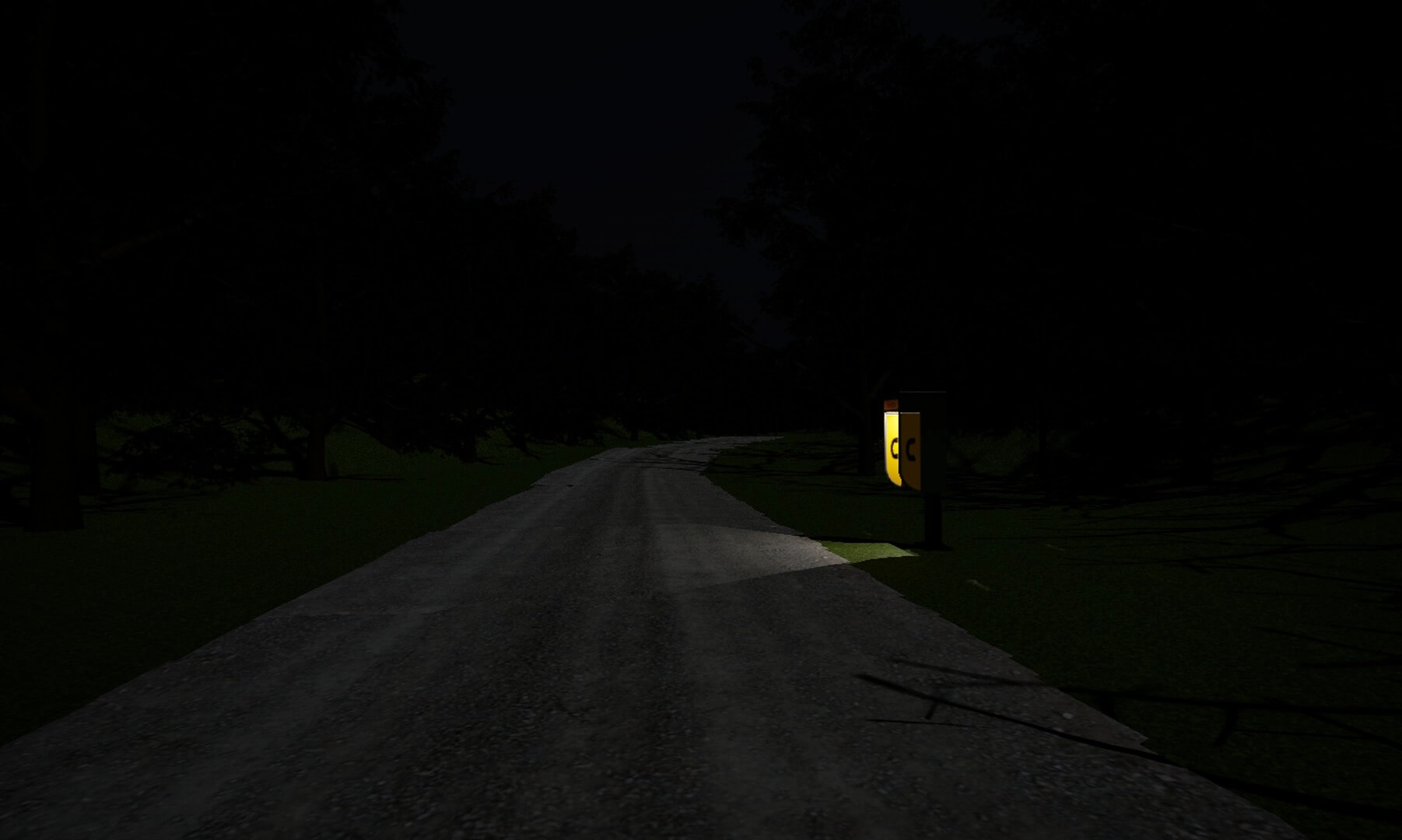 KASAP: First-person view down a dark rural road at night, passing a lit yellow phone booth in trees.