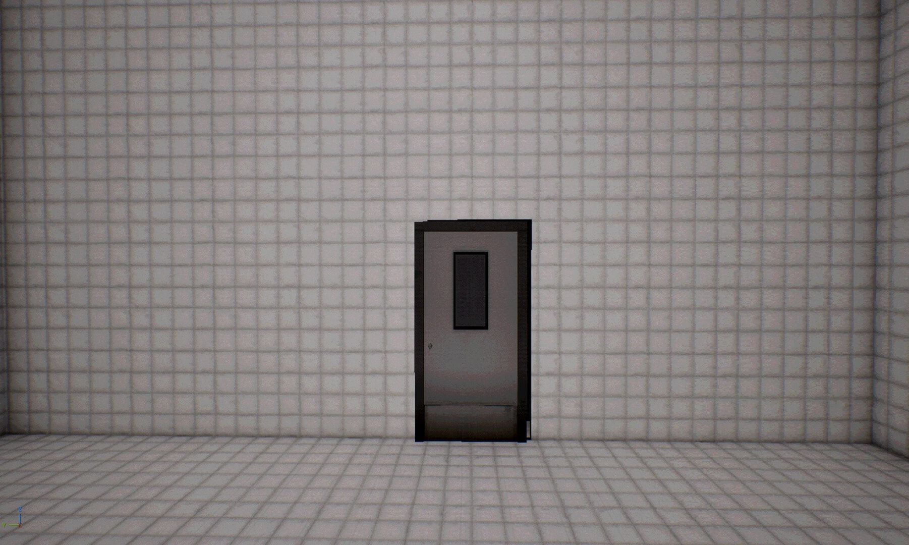 KASAP: First-person view facing a metal door with small window in a stark white tiled room.