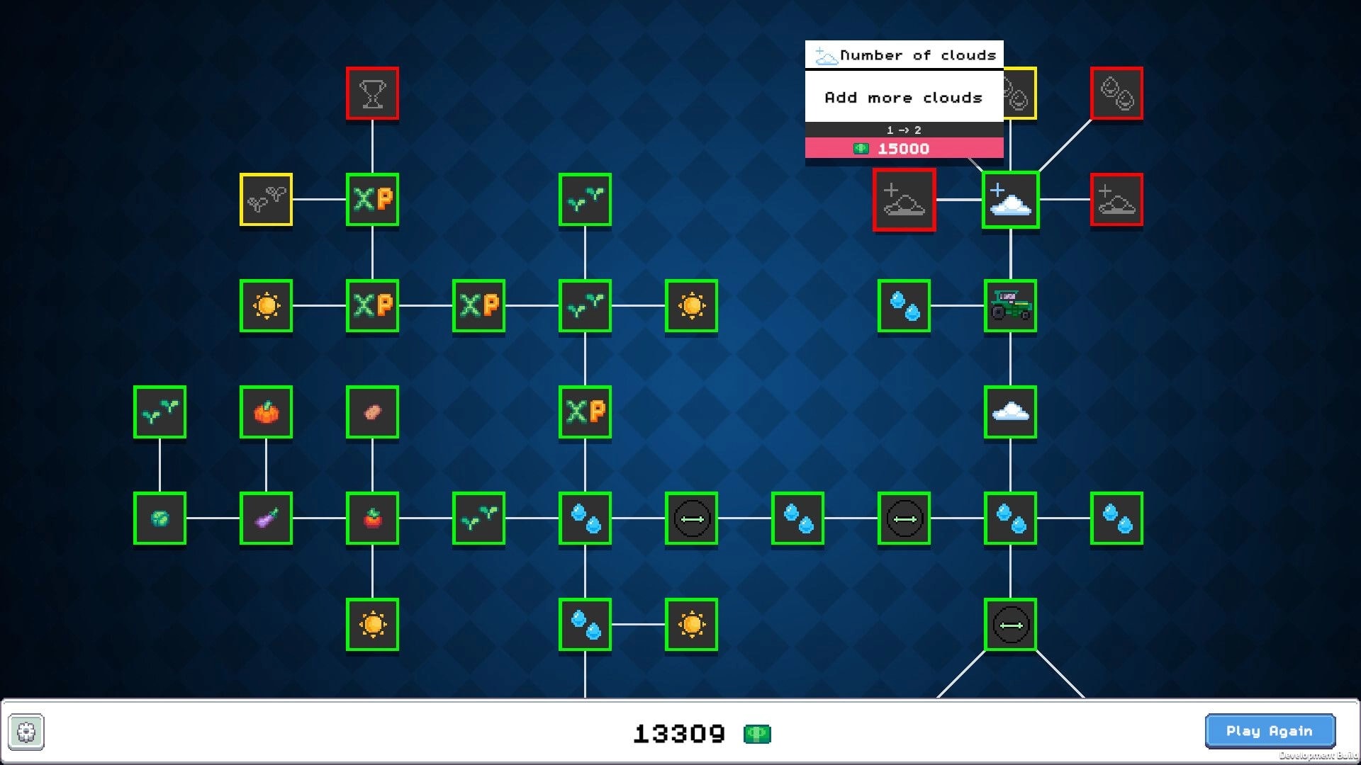 Keep Watering: Upgrade tree screen with cloud nodes and tooltip to add clouds for 15000 coins on blue grid.