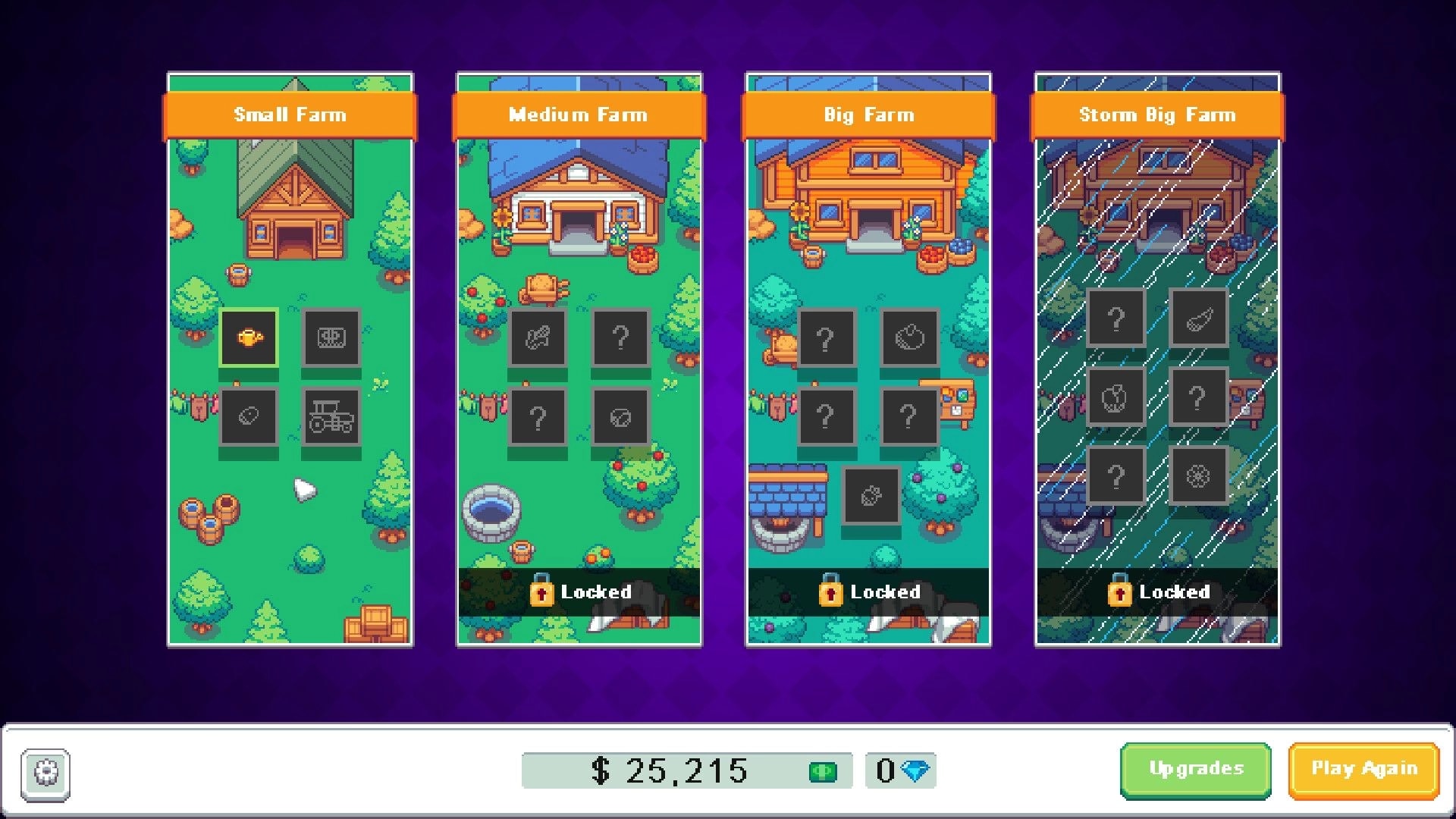 Keep Watering: Farm selection menu with Small, Medium, Big, and Storm Big farm panels on screen.