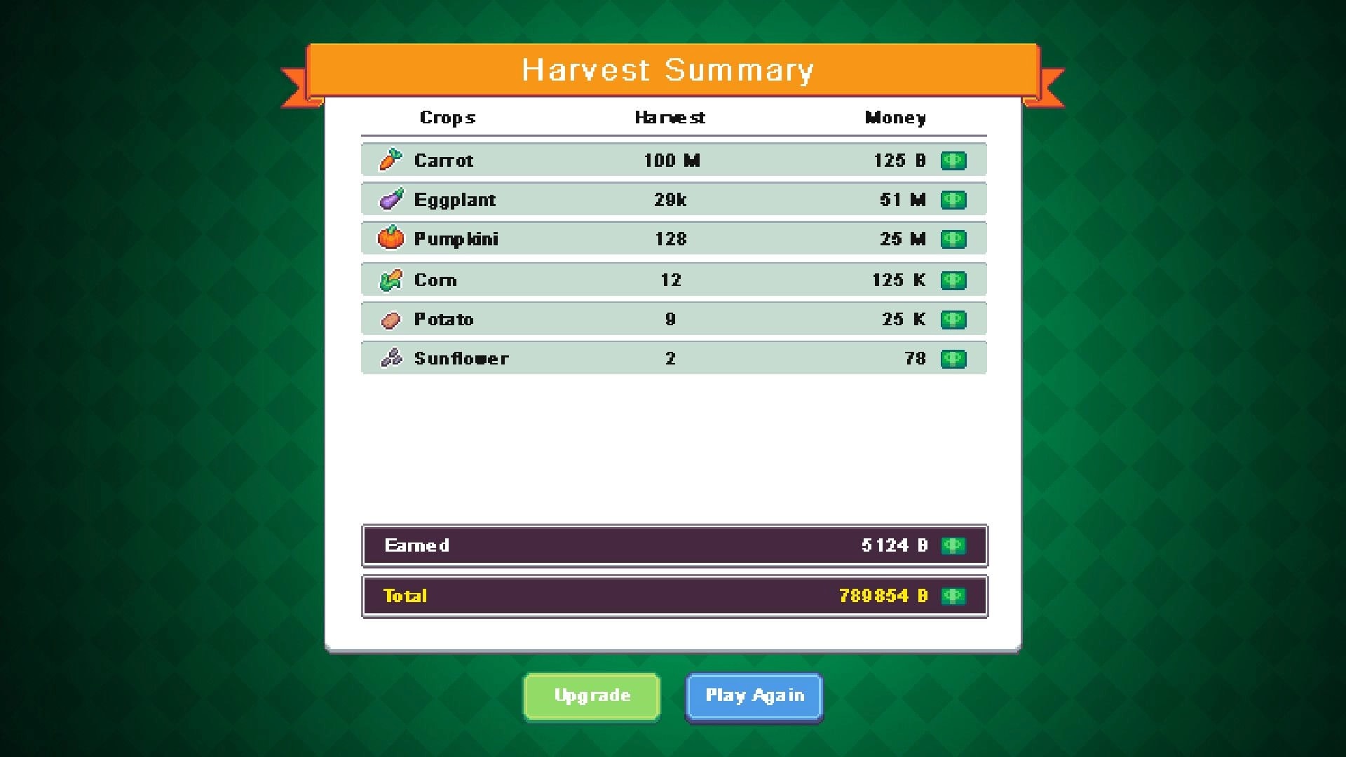 Keep Watering: Harvest Summary screen listing crop totals and money earned, with Upgrade button below.