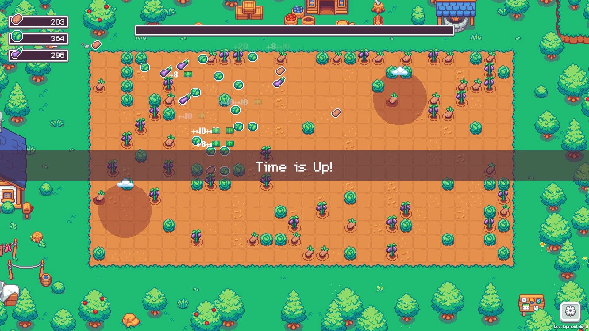 Keep Watering: Time is Up message over farm grid with crops, pickups, and resource counters in yard.