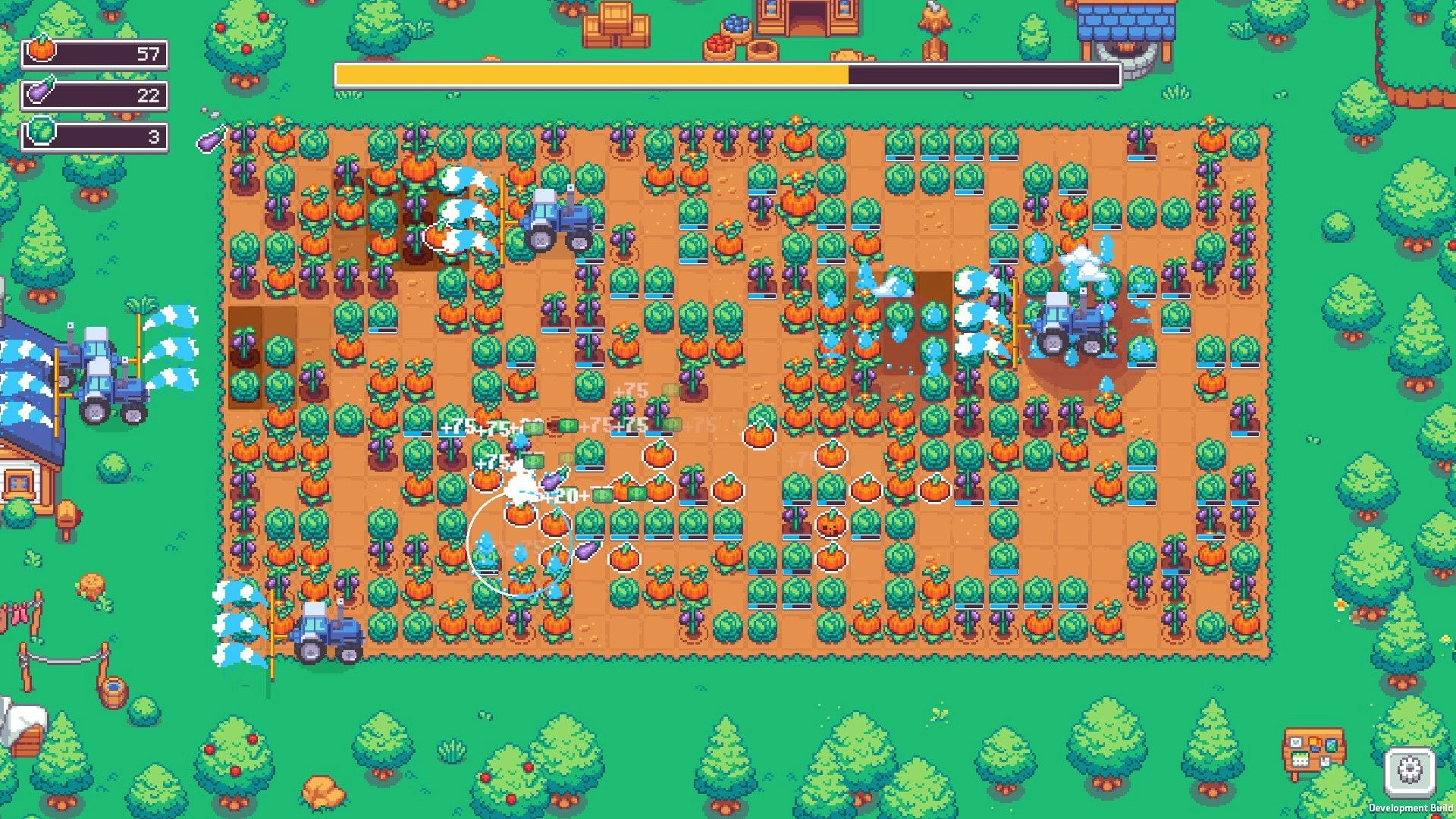 Keep Watering: Tractors spray water over crop tiles with resource counters and progress bar on farm field.