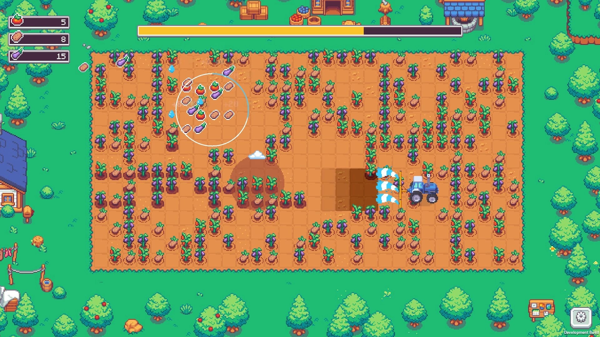Keep Watering: Tractor waters crop grid with sprinklers and resource counters on a bright farm field.