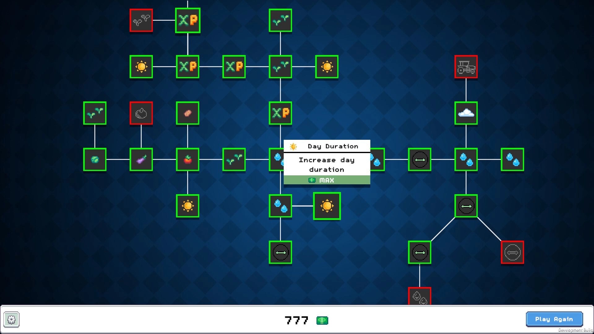 Keep Watering: Upgrade tree menu with linked perk icons and Day Duration tooltip on blue grid background.