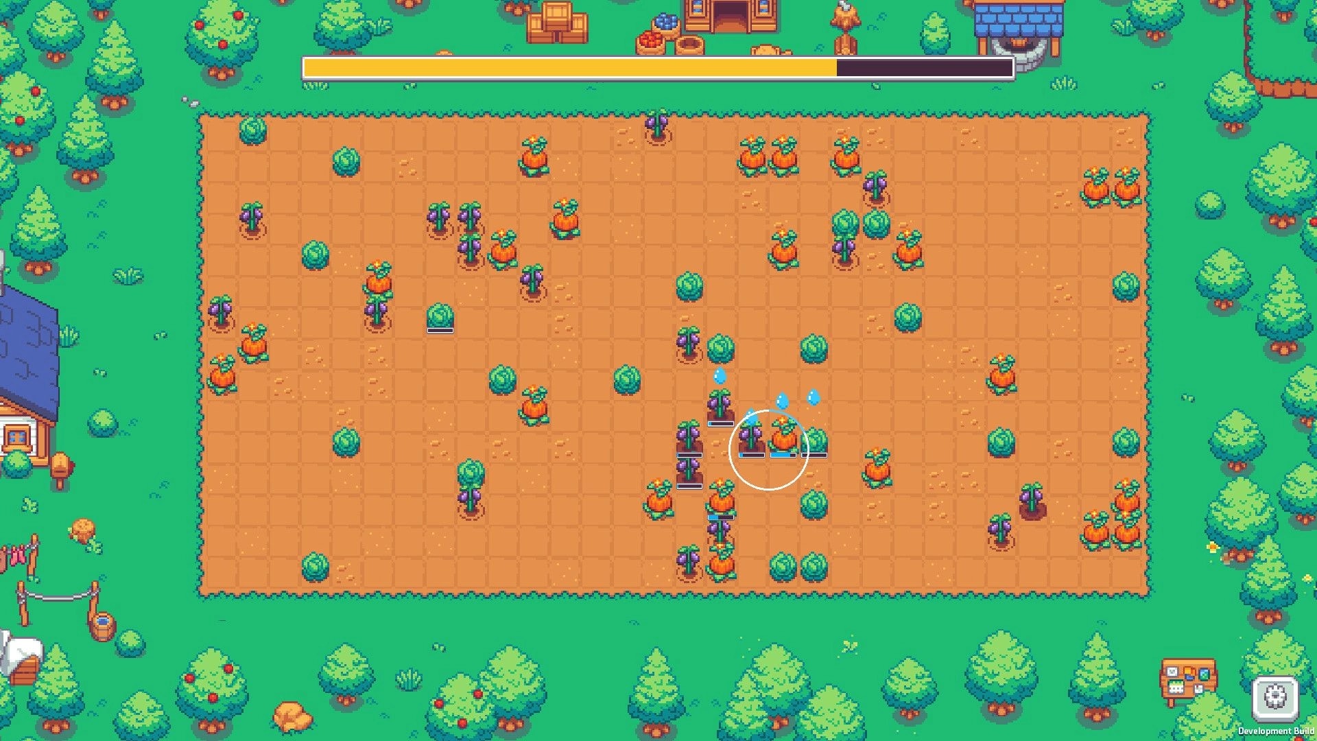 Keep Watering: Watering crops with a sprinkler radius cursor on a tiled farm plot, progress bar above.