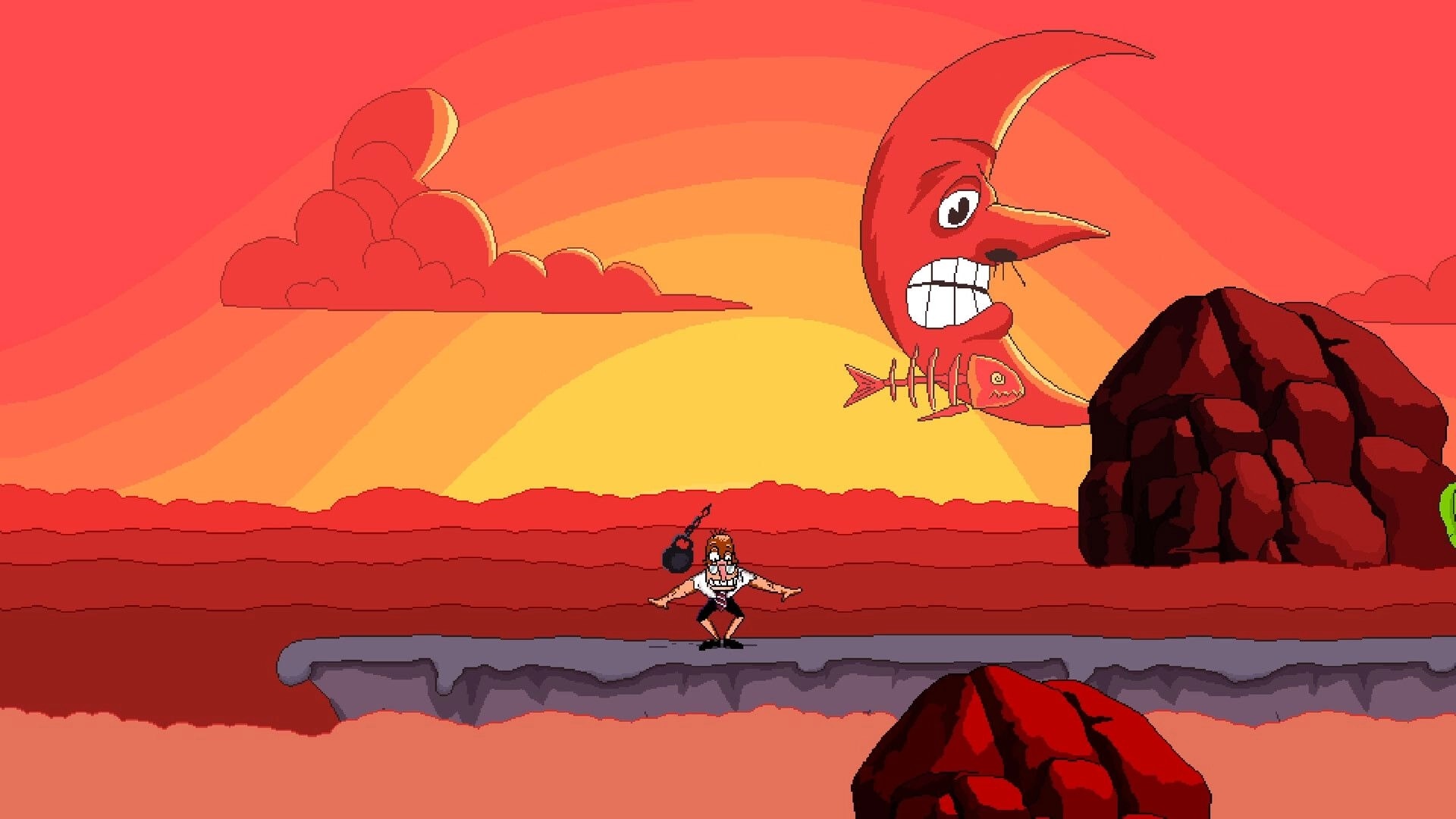 Kettlebell: Hero balances on a platform as a giant crescent beast looms in a red desert sky.