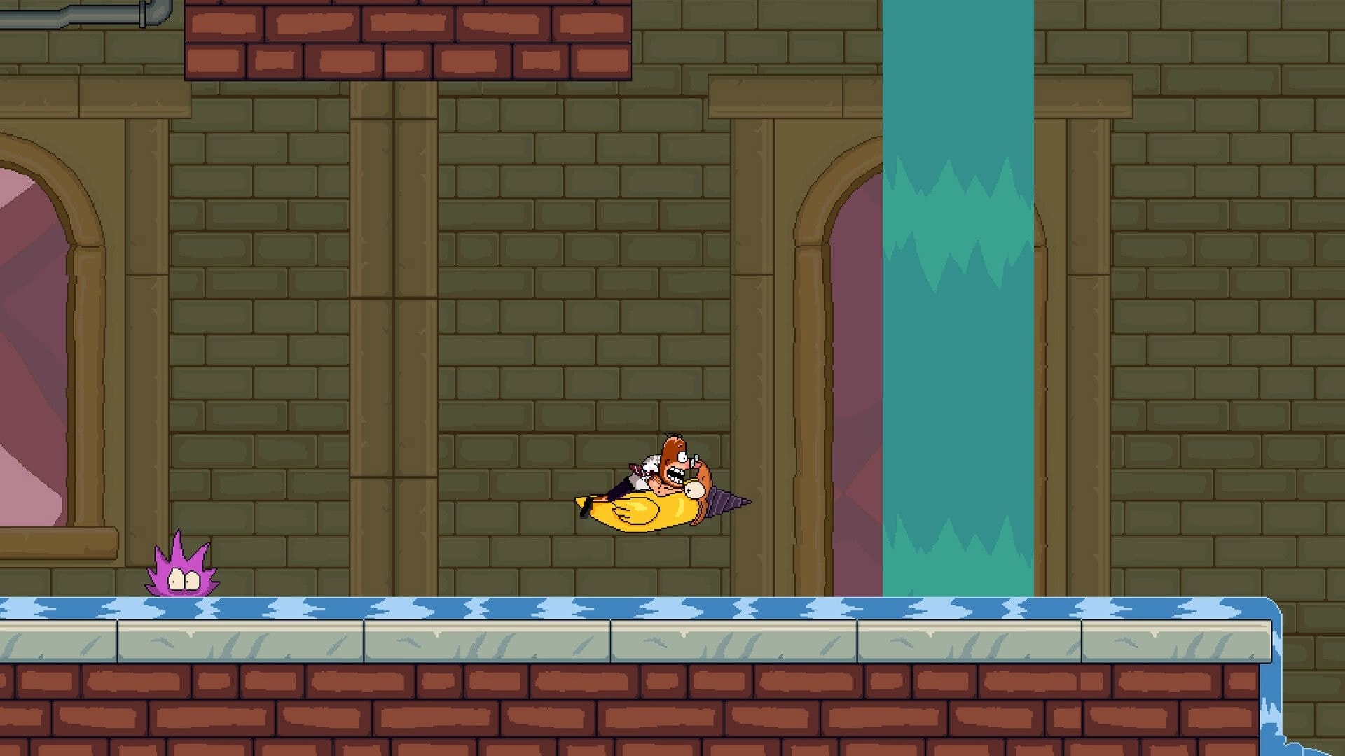 Kettlebell: Hero rides a yellow drill through a brick hallway with water channel and purple blob enemy.