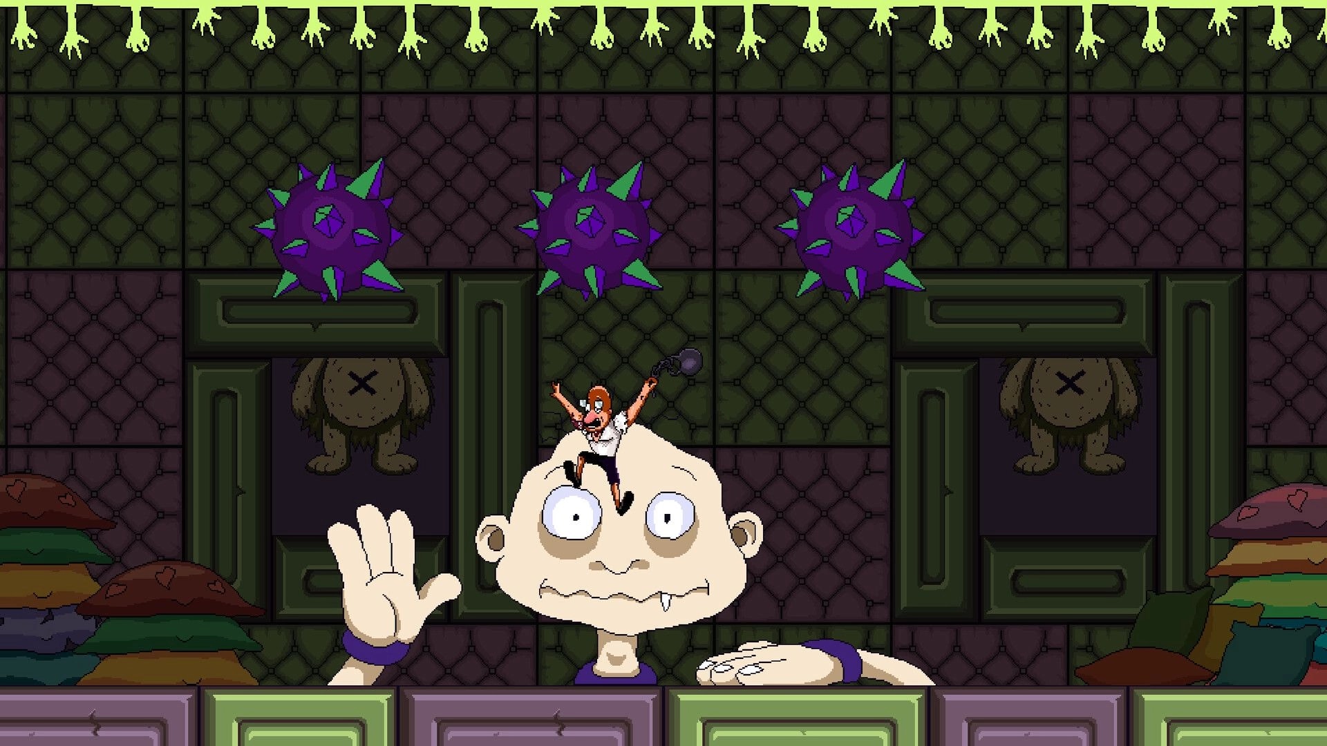 Kettlebell: Tiny hero leaps atop a giant face as spiked hazards float in a grim hotel room corridor.