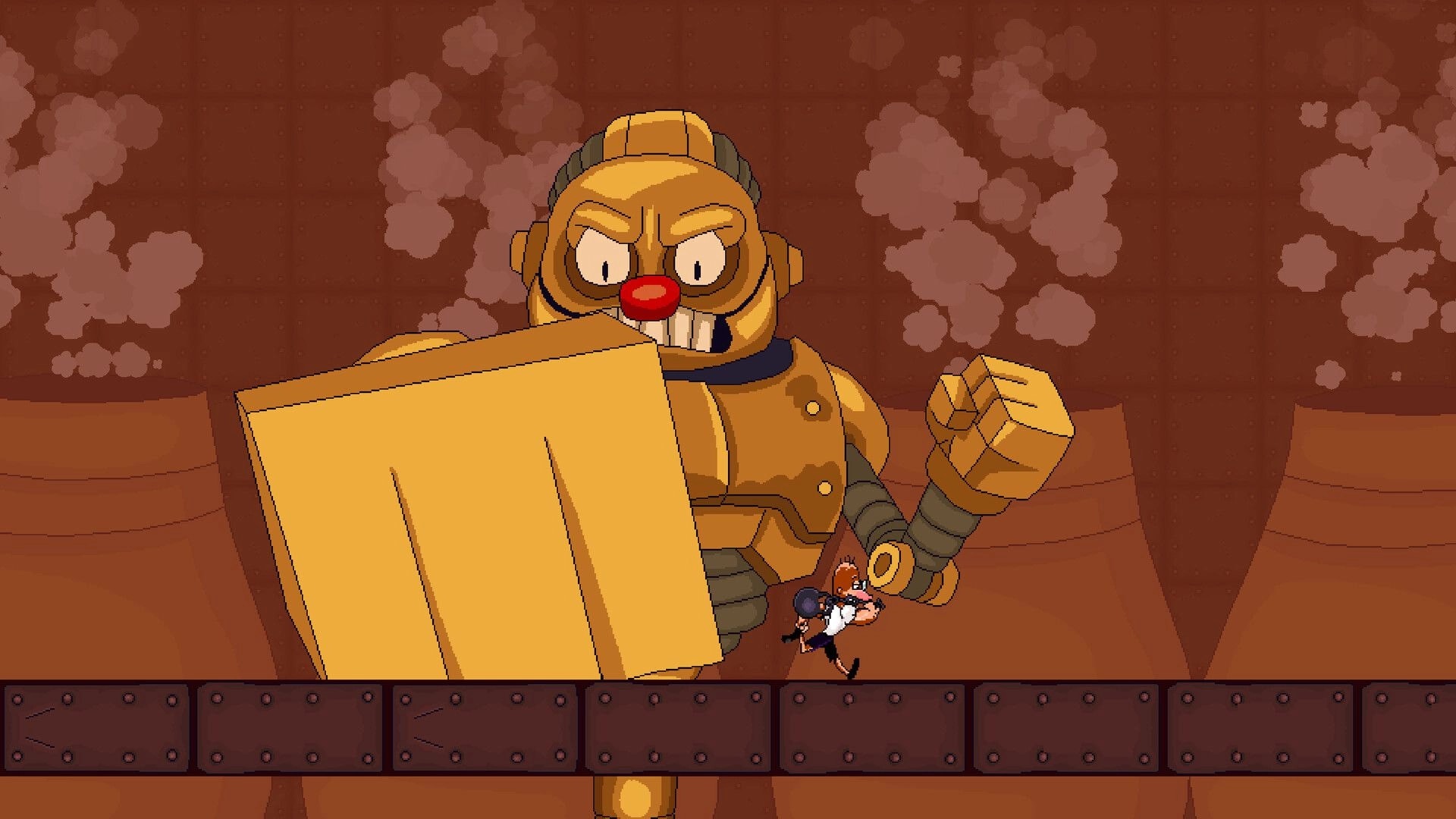 Kettlebell: Boss fight as a tiny hero faces a giant robot with shield in a smoky metal arena.