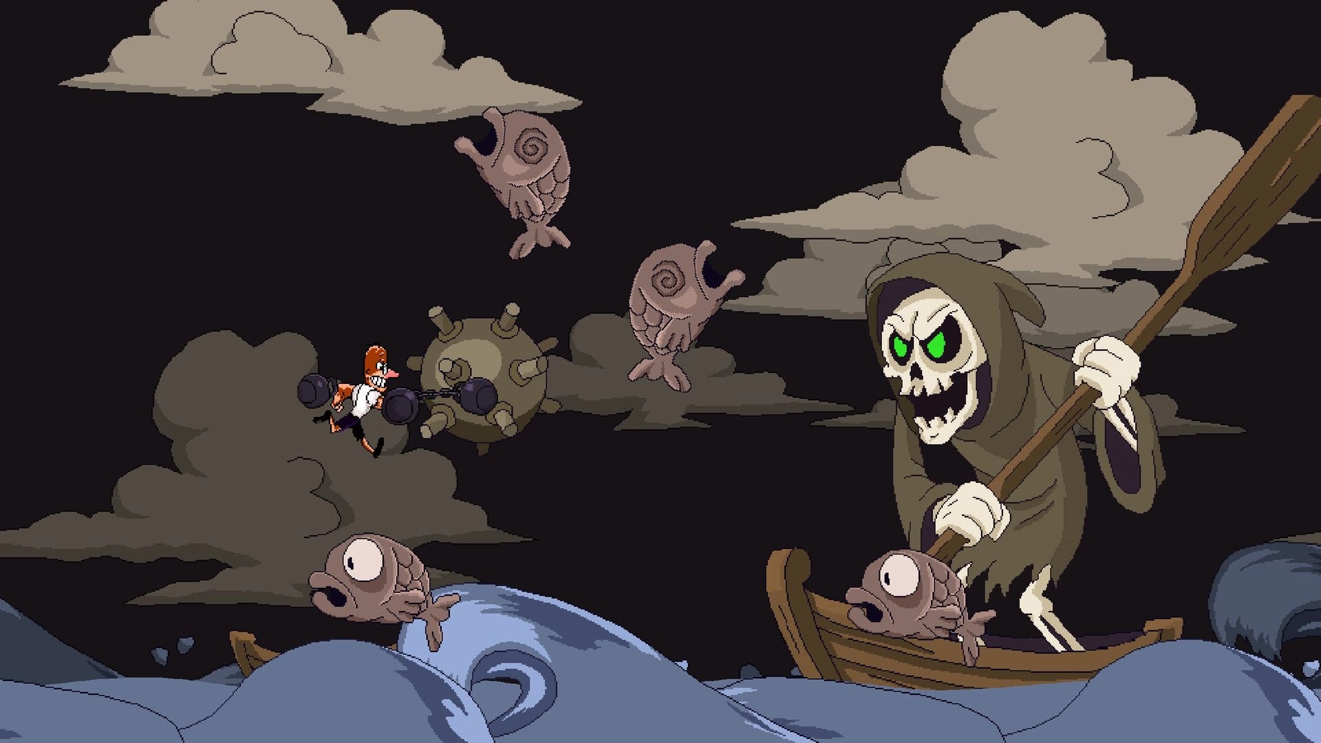 Kettlebell: Hero leaps with dumbbells past flying fish and a reaper boat on stormy seas at night.