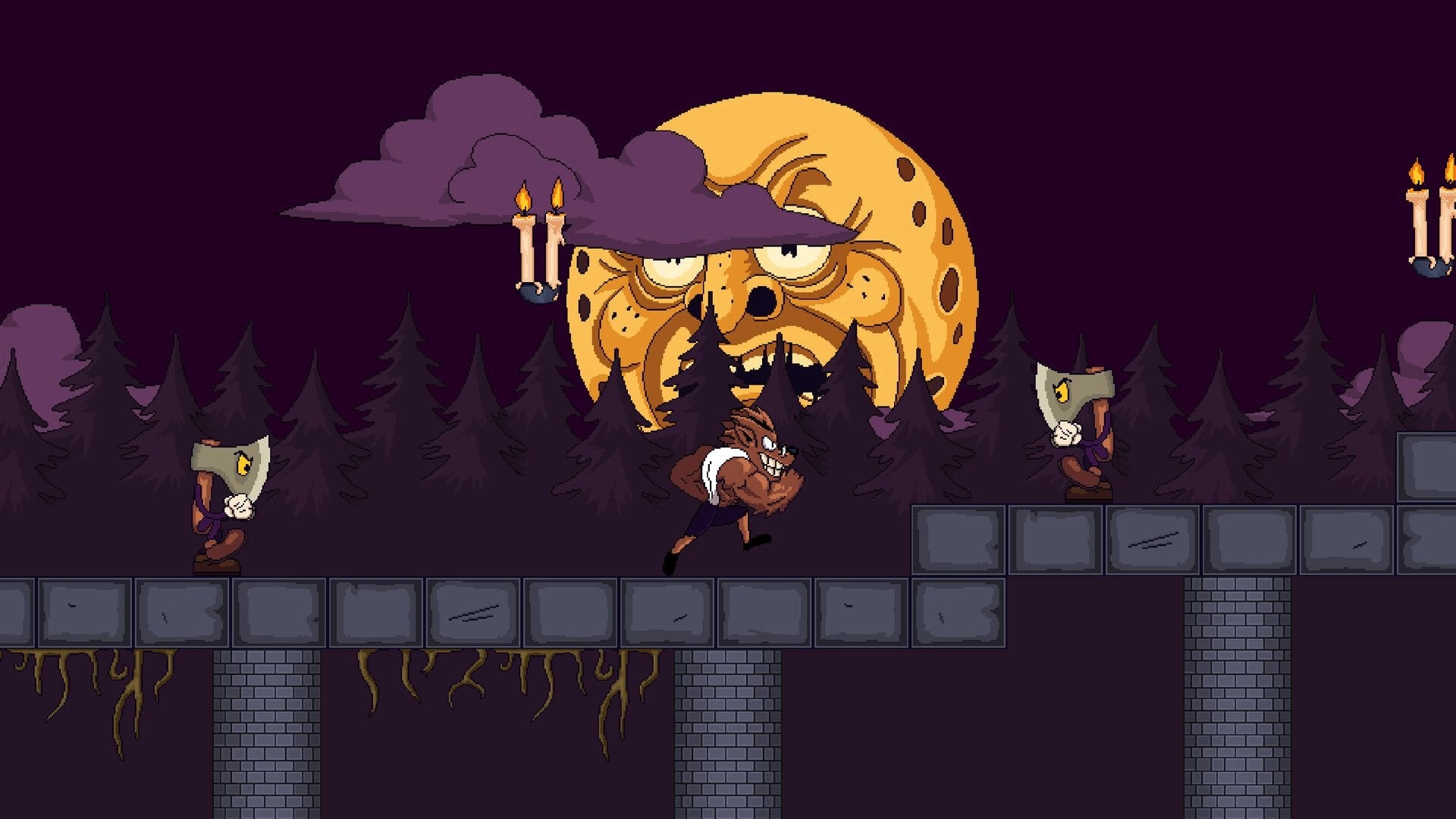 Kettlebell: Muscular hero runs past axe-wielding enemies on stone platforms under a grim moon sky.