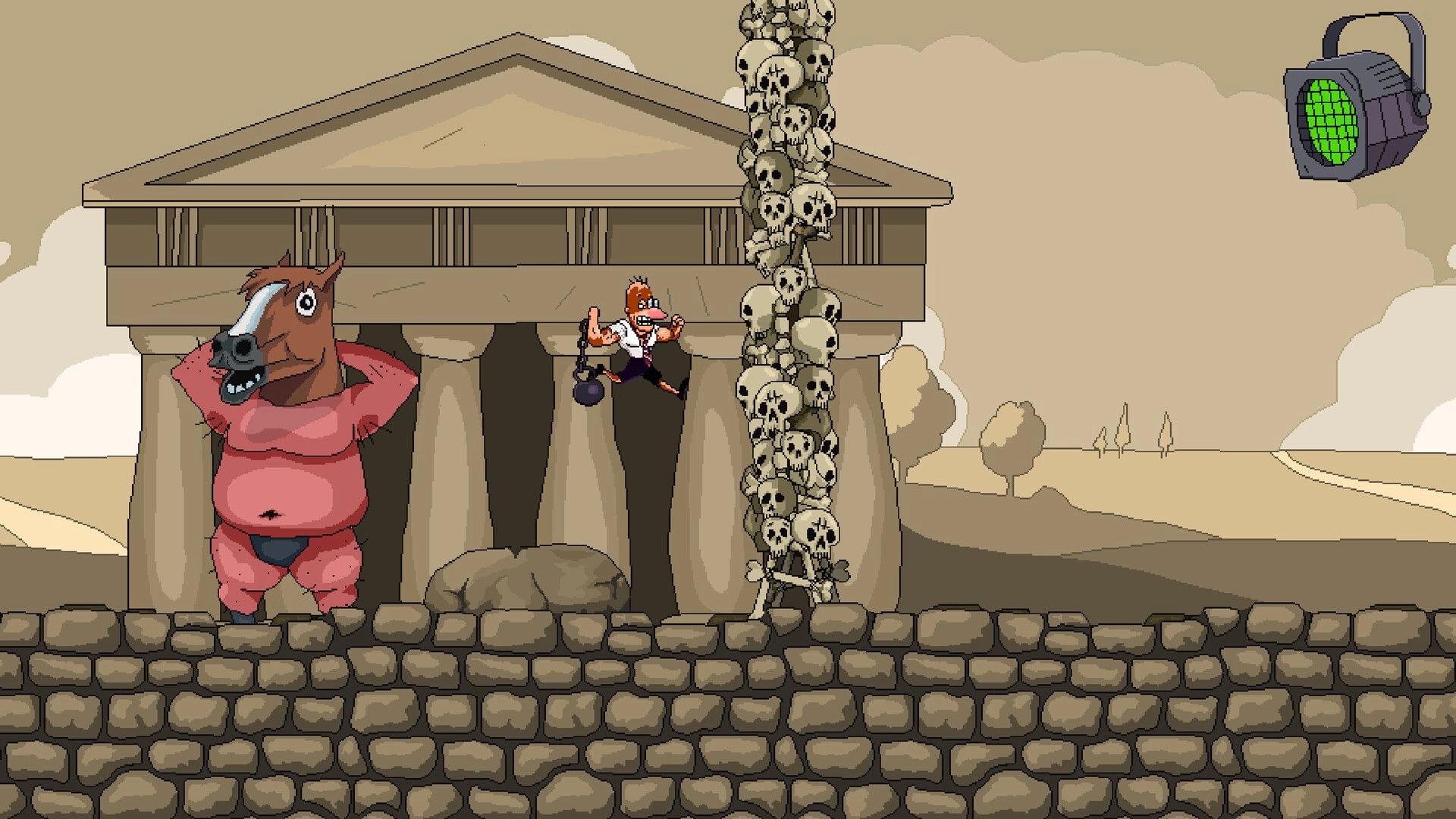 Kettlebell: Hero leaps with kettlebell past horse-masked foe by skull pillar atop stone temple ruins.