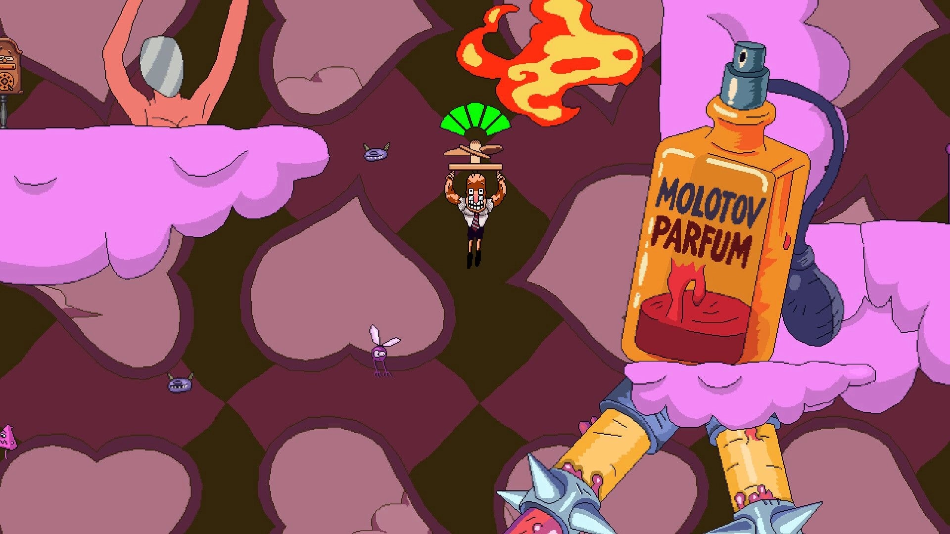 Kettlebell: Hero hangs from a bar midair near a fireball, beside a giant Molotov Parfum bottle boss arena.