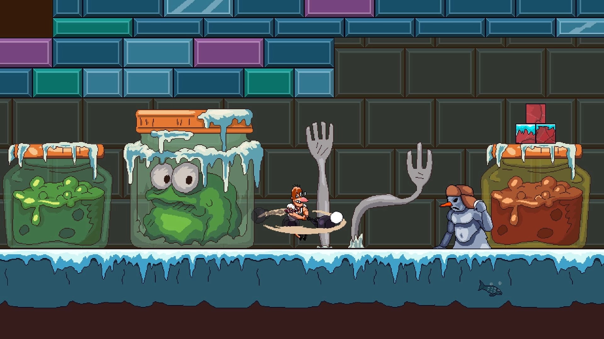 Kettlebell: Hero spins a kick beside giant pickle jars and fork hazards in an icy kitchen level.