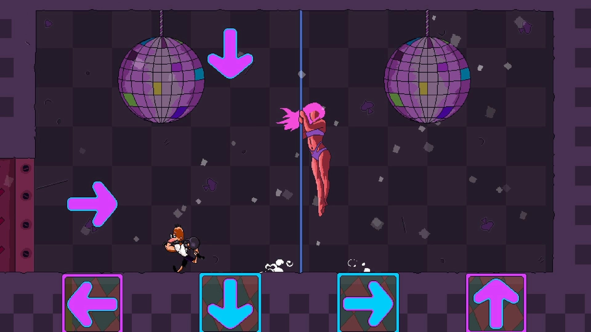 Kettlebell: Hero runs past a pole dancer under disco balls, with large neon arrow prompts on floor tiles.