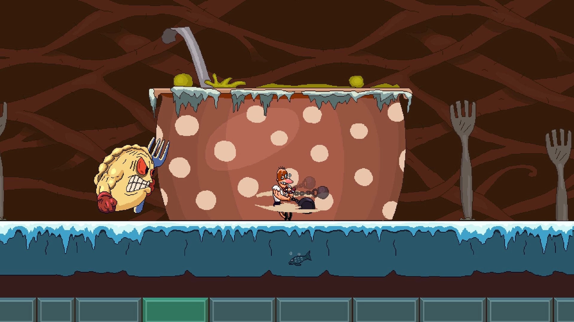 Kettlebell: Hero runs with a gun past a fork-headed monster in a giant mug dessert arena stage.