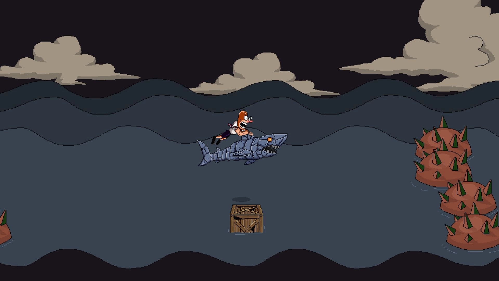 Kettlebell: Hero rides a robotic shark over dark waves, dodging spiked islands and a floating crate.