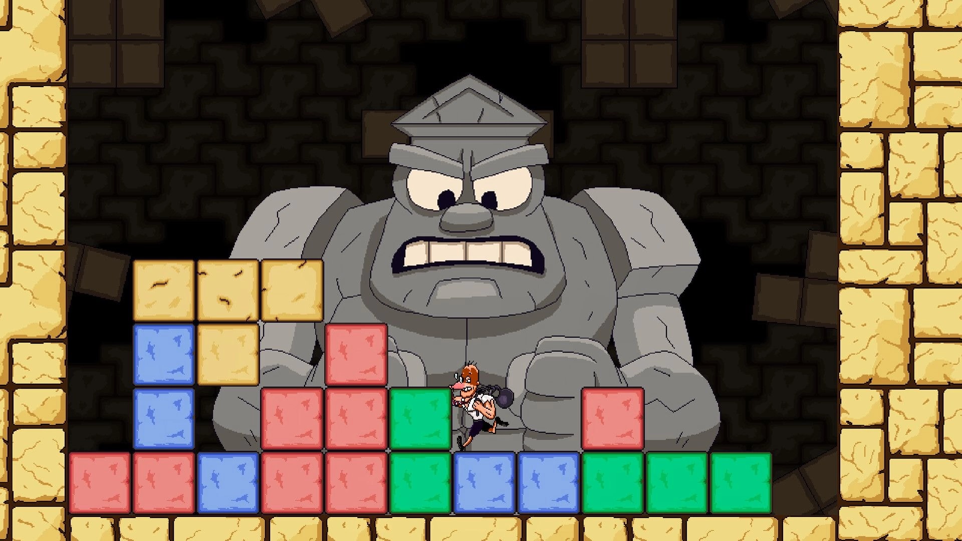 Kettlebell: Hero climbs colored blocks as a giant stone golem looms in a dark brick chamber.