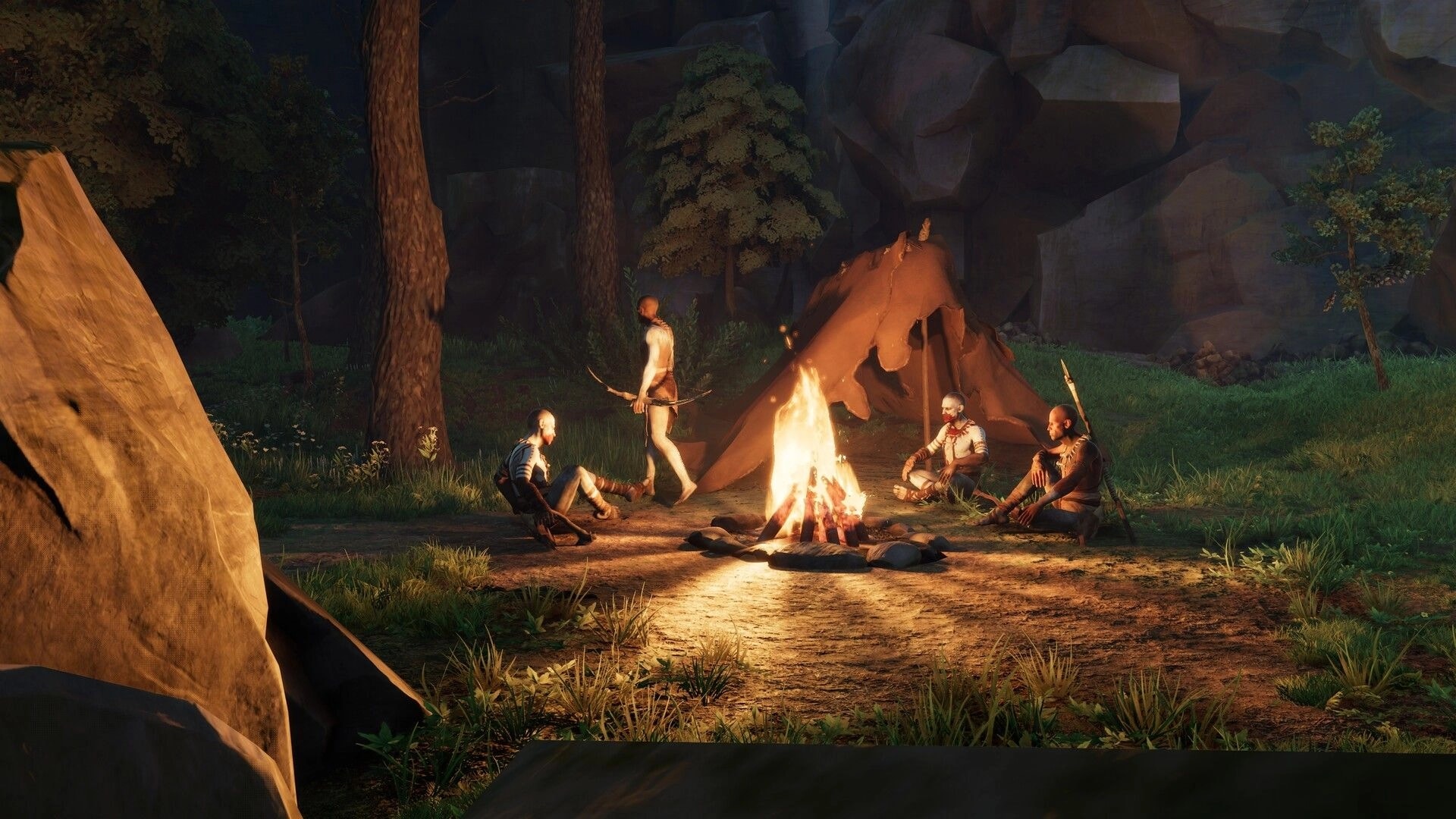 Kiipluu: Four survivors rest by a campfire beside a hide tent in a rocky forest clearing at dusk.